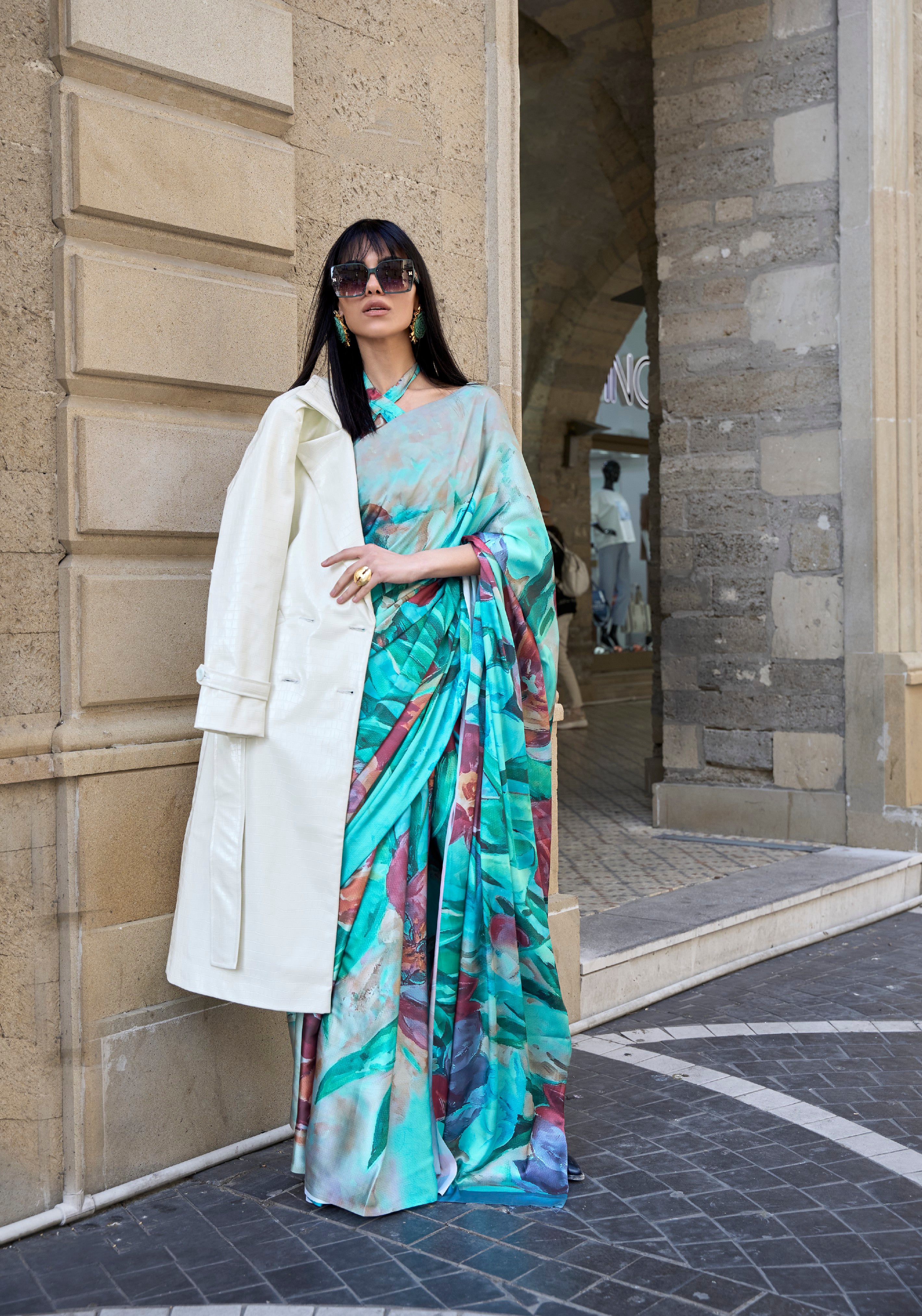 SkyBlue Satin Crape Saree With Digital Print