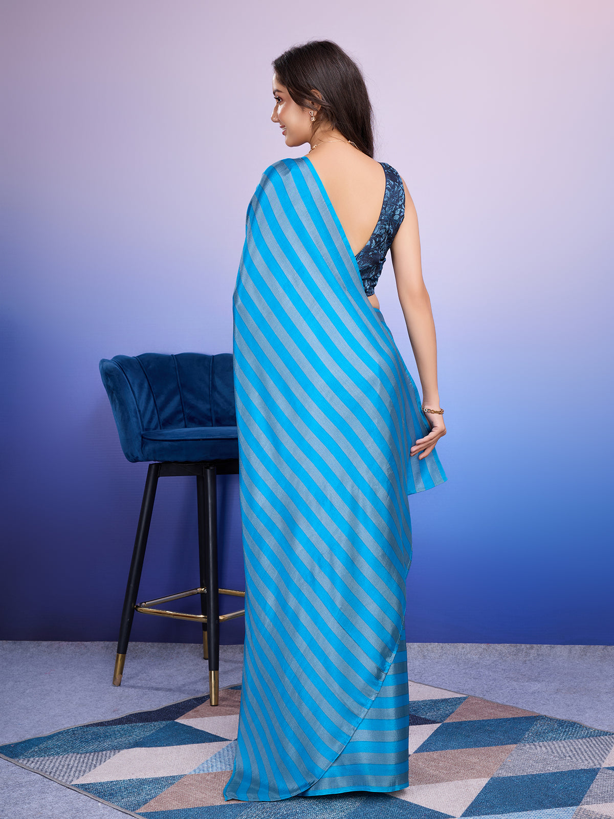 Sky Blue Satin Designer Ready To Wear Ceremonial Saree