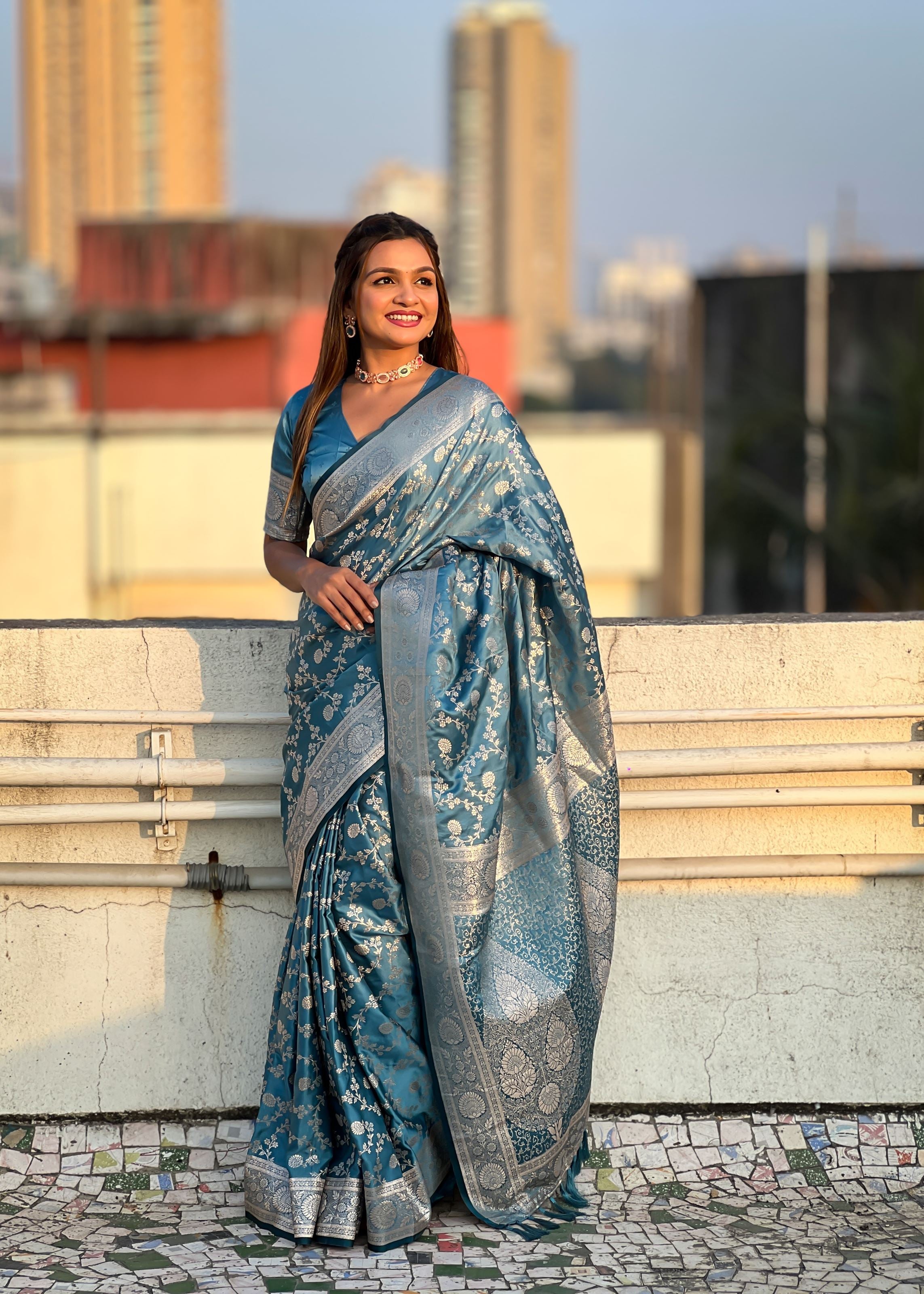 Sky Blue Satin Saree With Zari and Woven Work