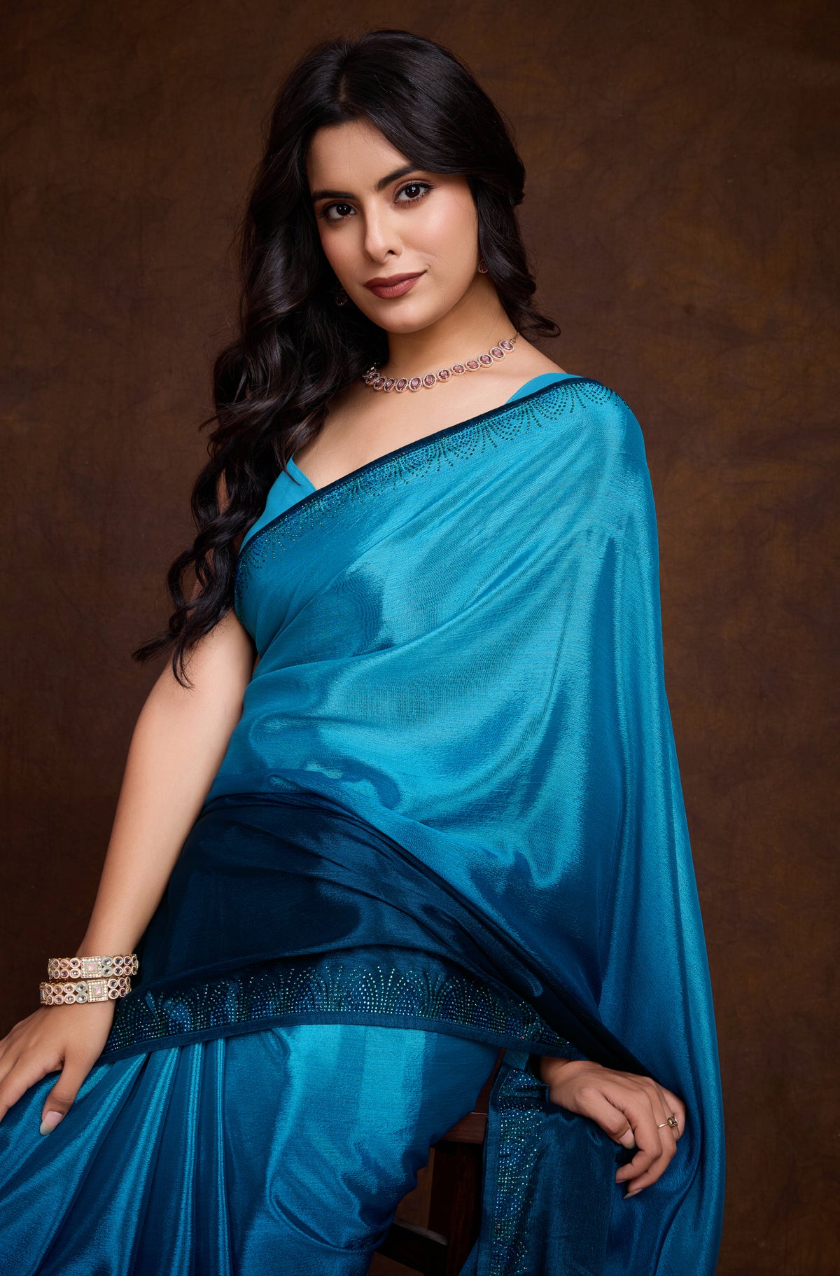 Sky Blue Shaded Chinon Saree with Swarovski Subtle Piping