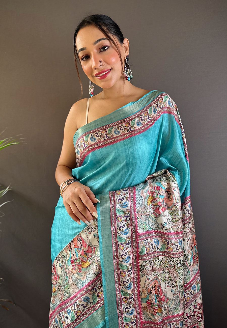 Sky Blue Silk Blend Madhubani Printed Saree