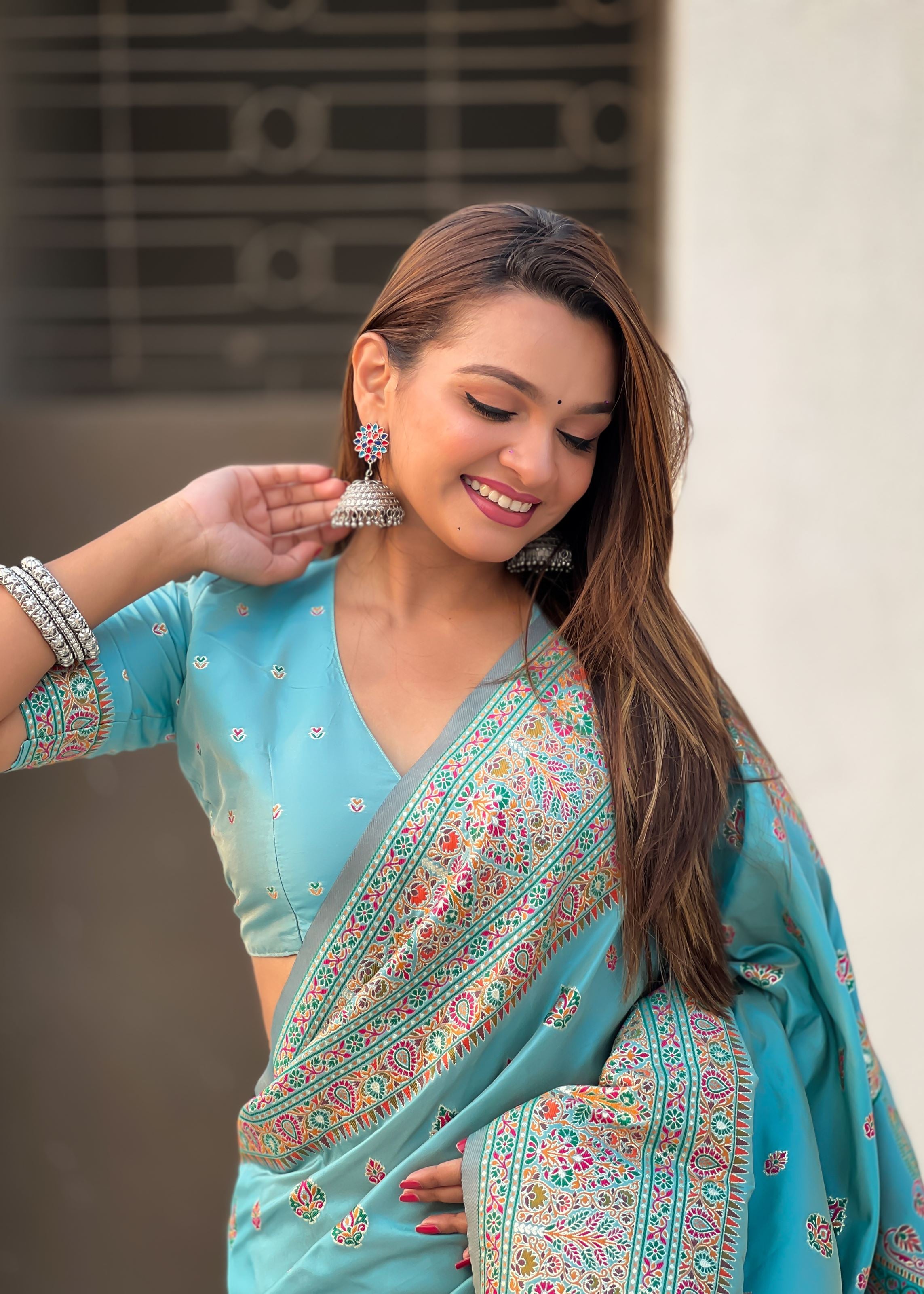 Sky Blue Silk Blend Saree With Meenakari Kashmiri woven Work