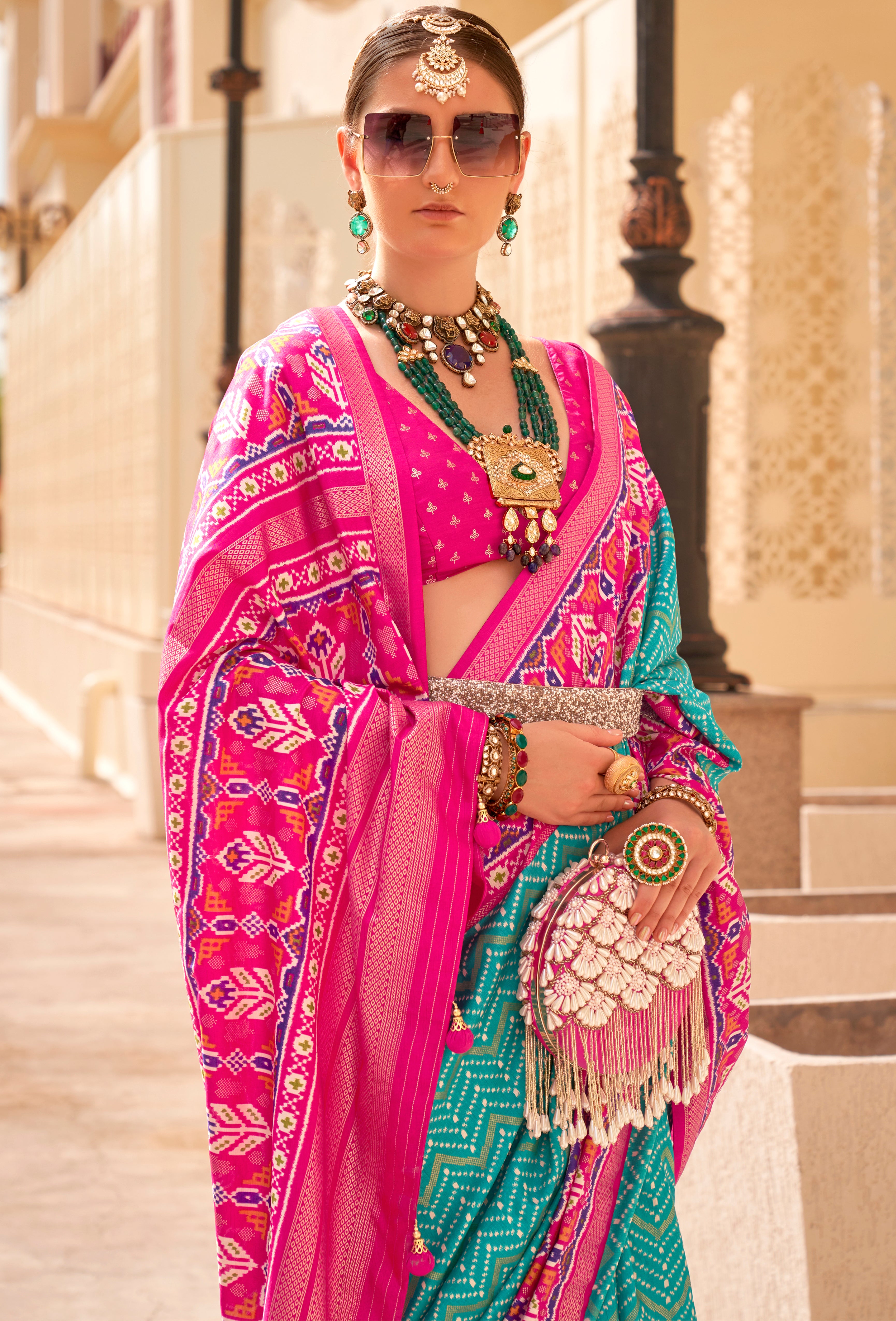 Sky Blue Silk Saree With  Digital Patola Print