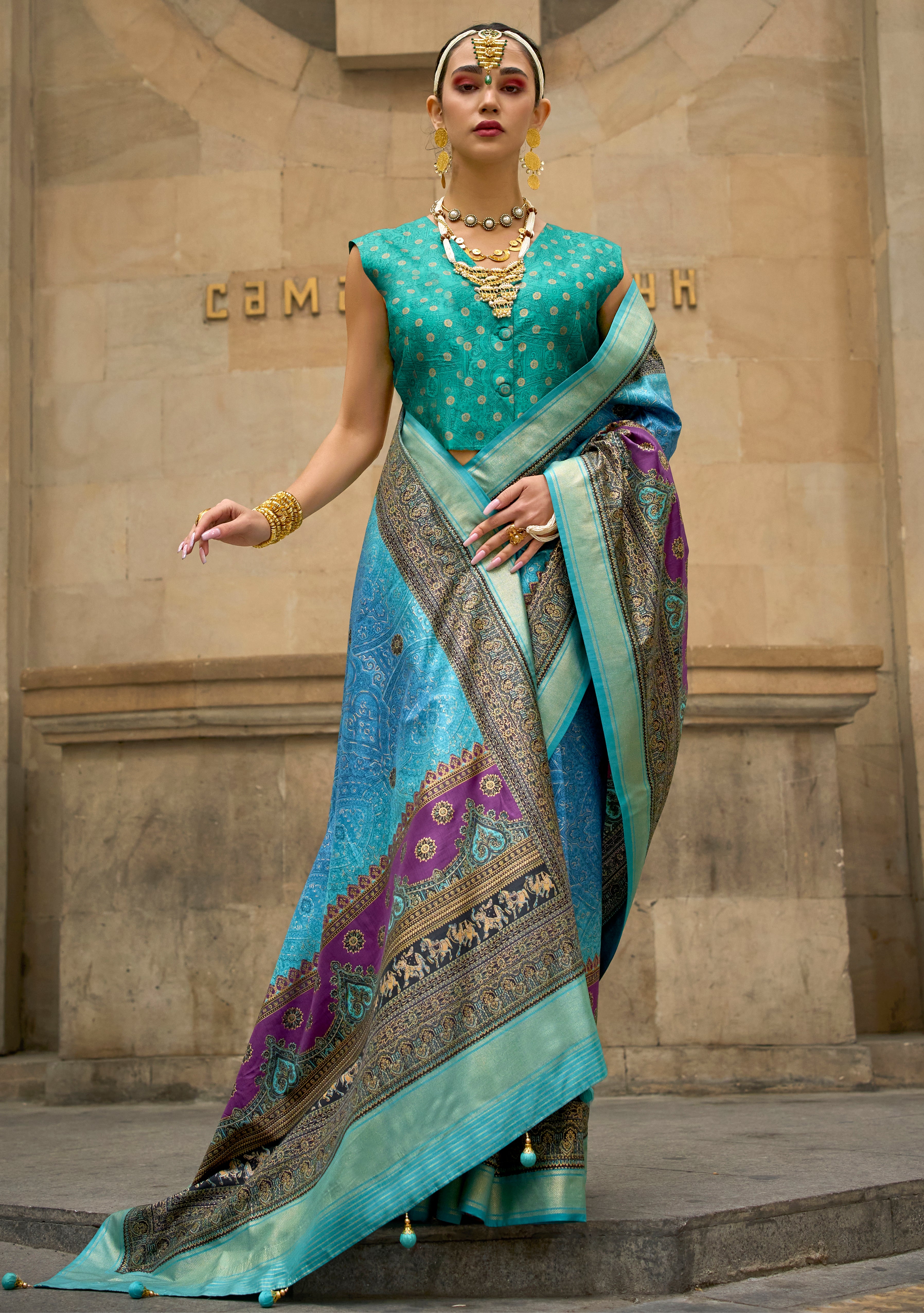 Sky Blue Silk Saree With  Foil Print
