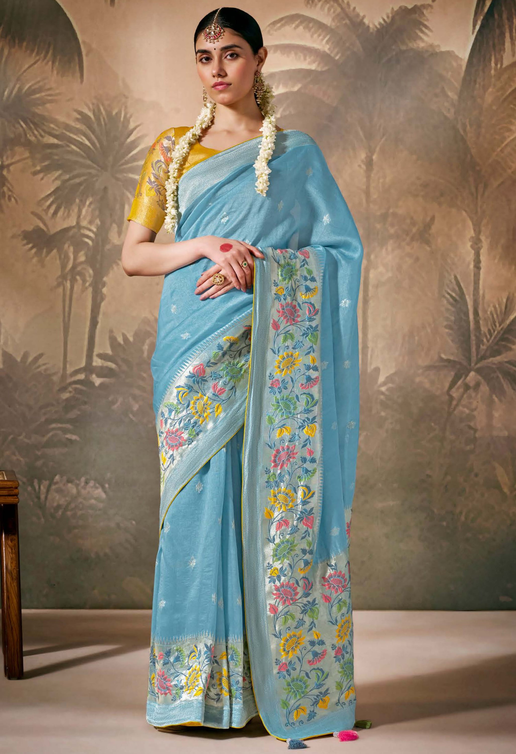 Sky Blue Silk Saree With  Jacquard Woven