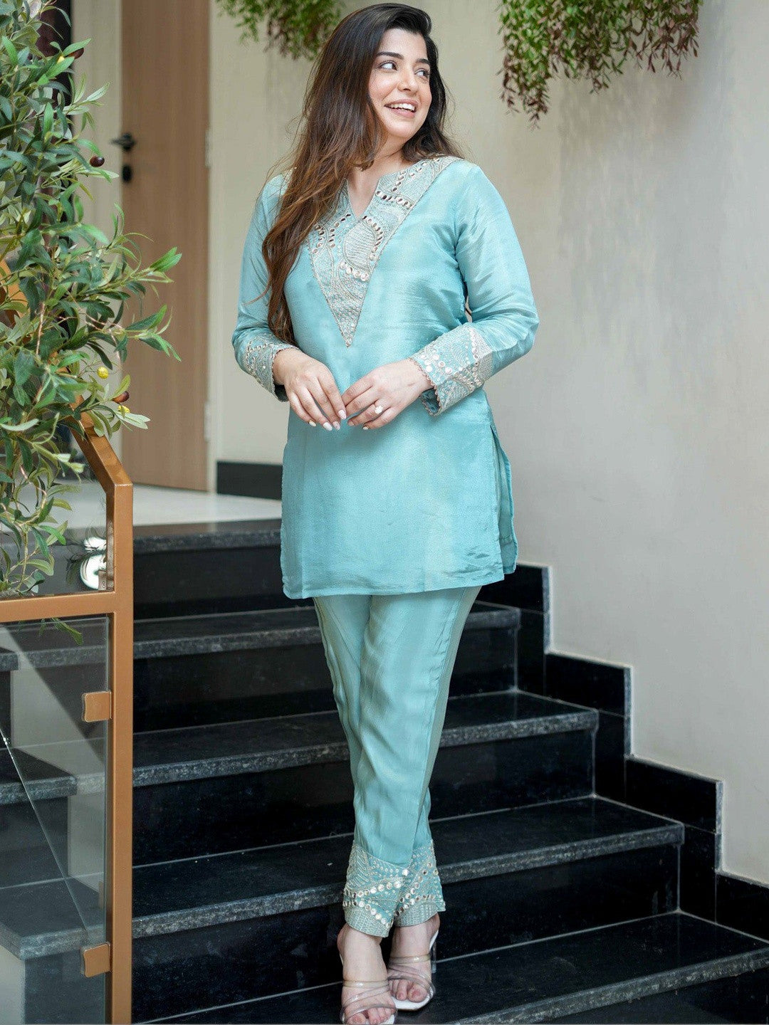 Sky Blue Simmer Silk Kurta With Palazzo Set With Heavy Thread Embroidery, Mirror With Sequins Work