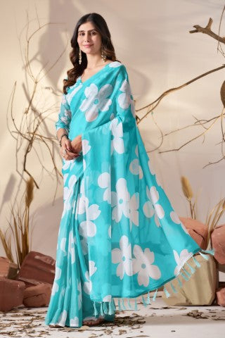 Sky Blue Soft Georgette Saree With Digital Printed Elegant Traditional Saree