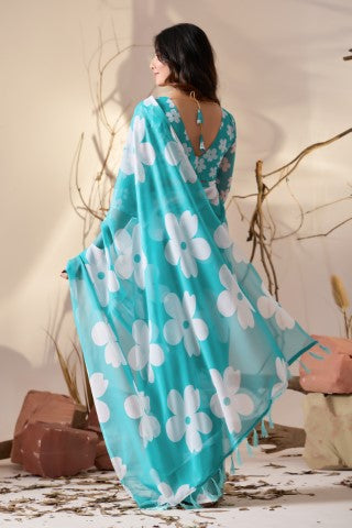 Sky Blue Soft Georgette Saree With Digital Printed Elegant Traditional Saree