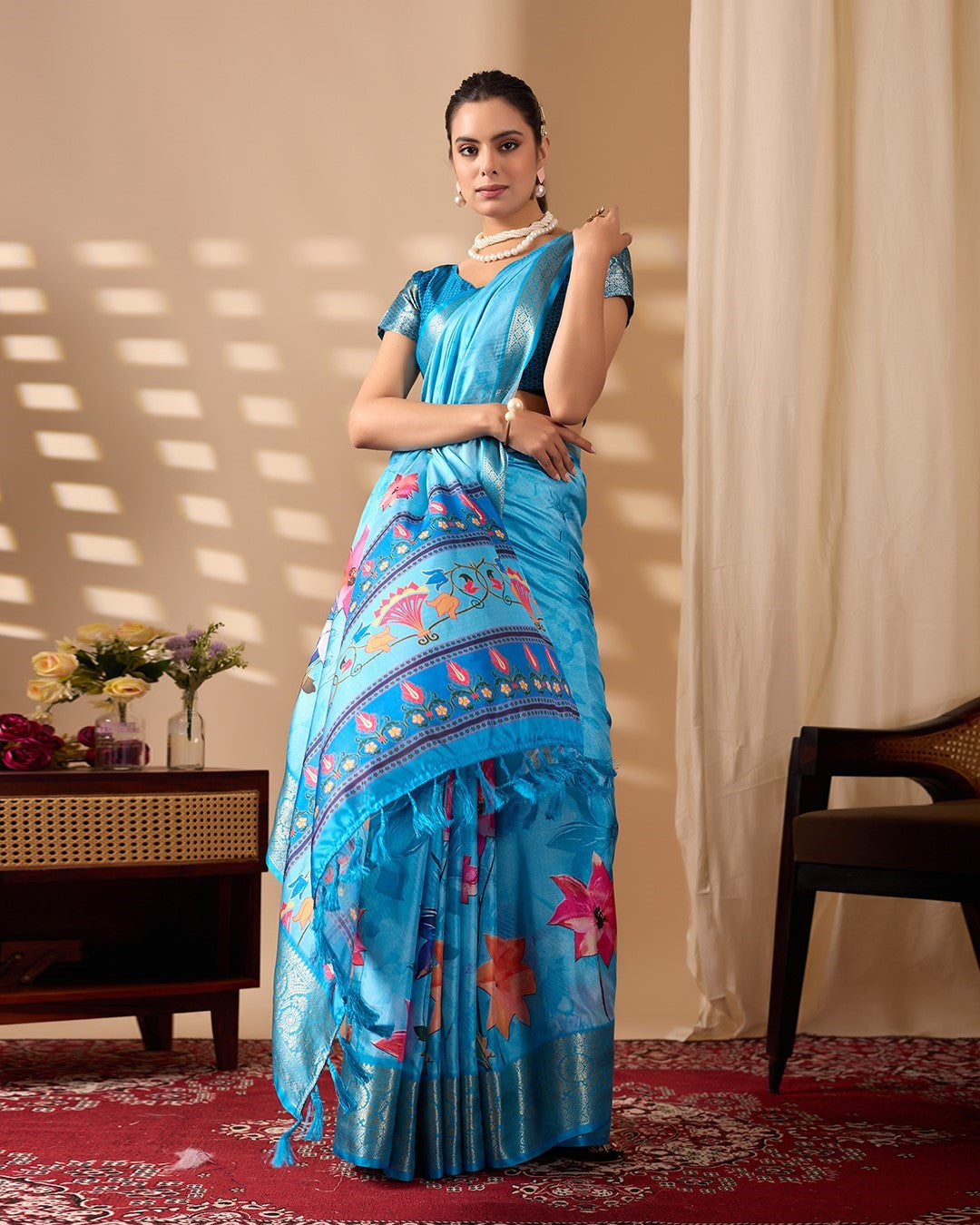 Sky Blue Soft Lichi Silk Saree With Digital Printed Elegant Designer Saree