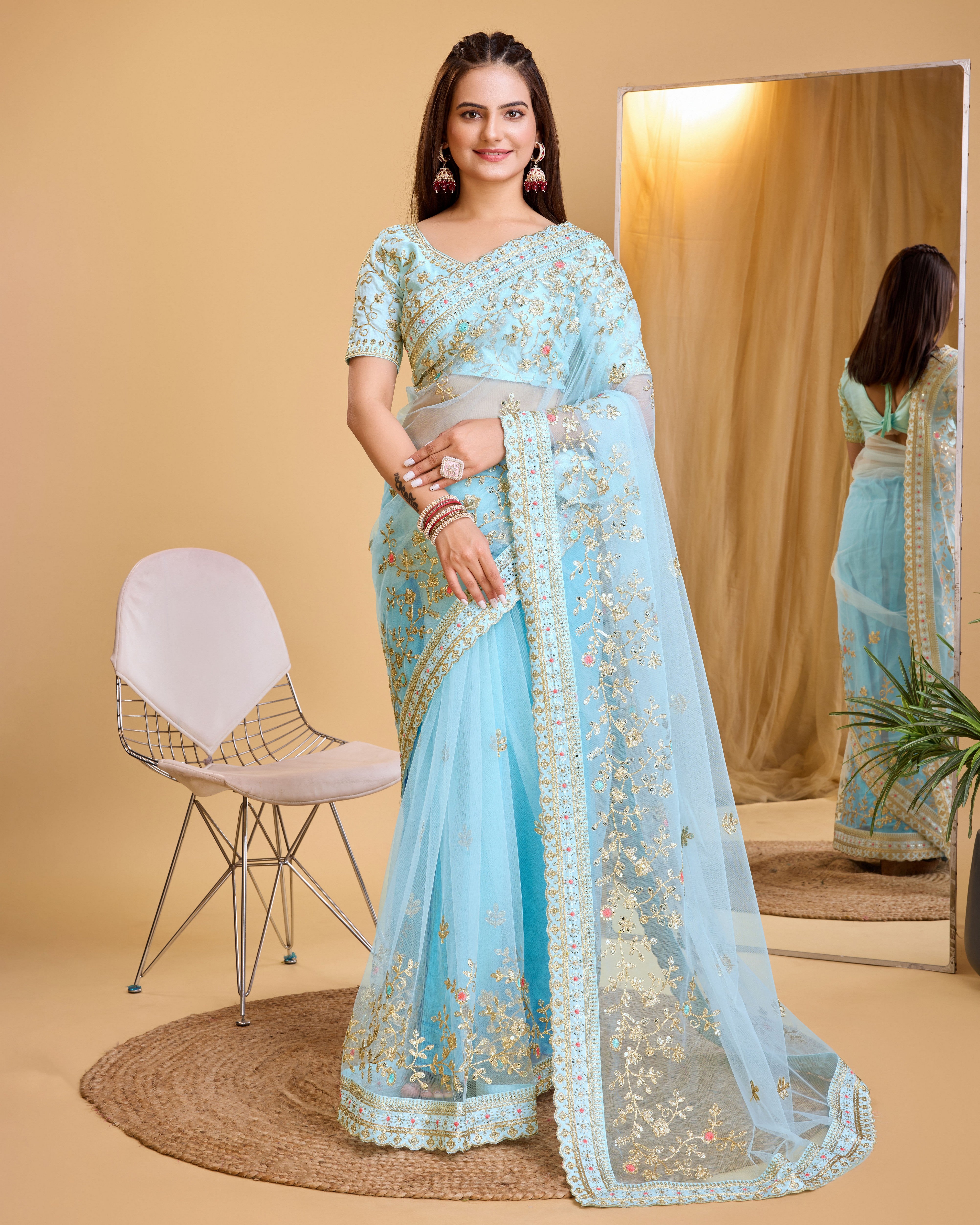 Sky Blue Soft Net Designer Embroidery Work Bollywood Style Saree