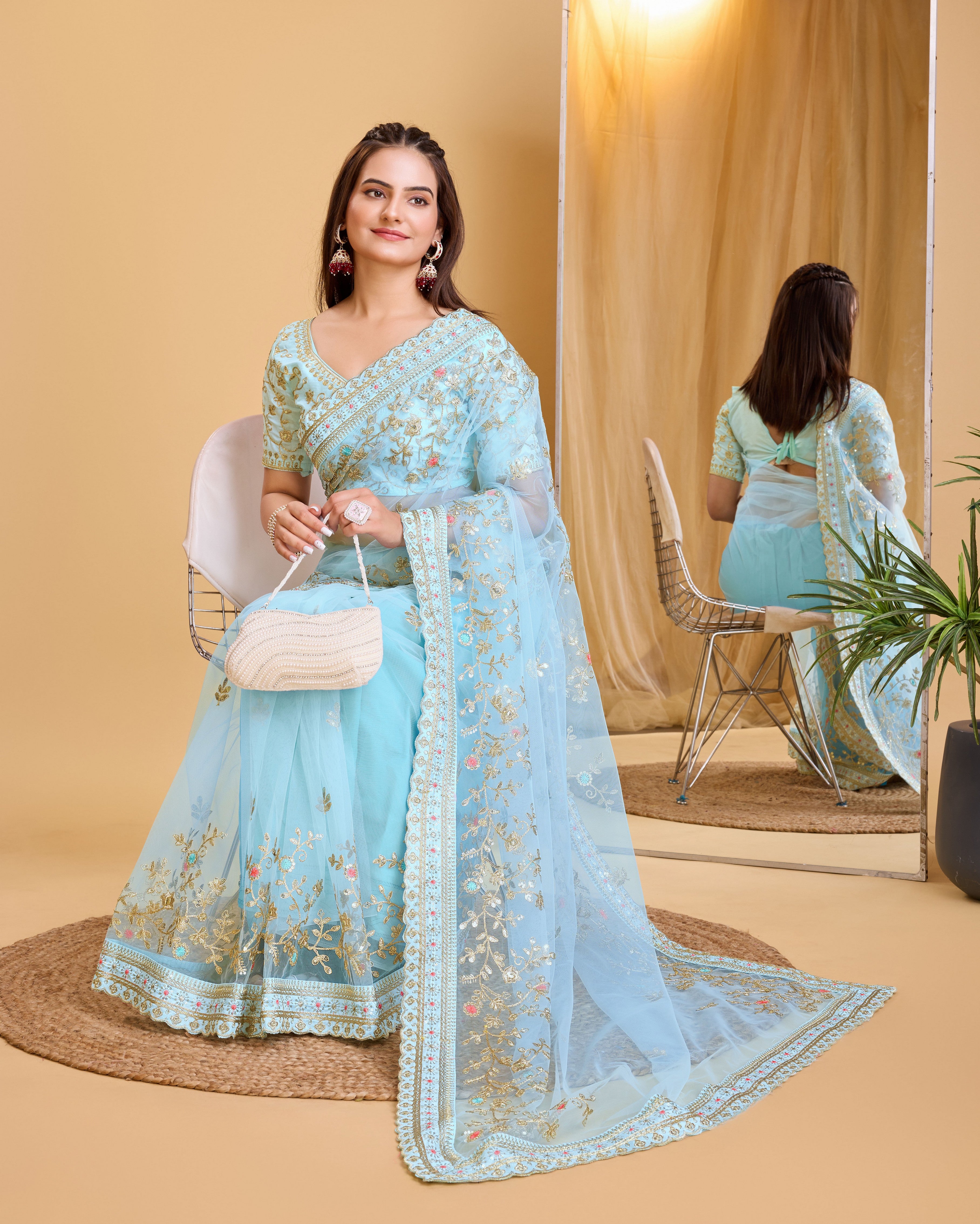Sky Blue Soft Net Designer Embroidery Work Bollywood Style Saree