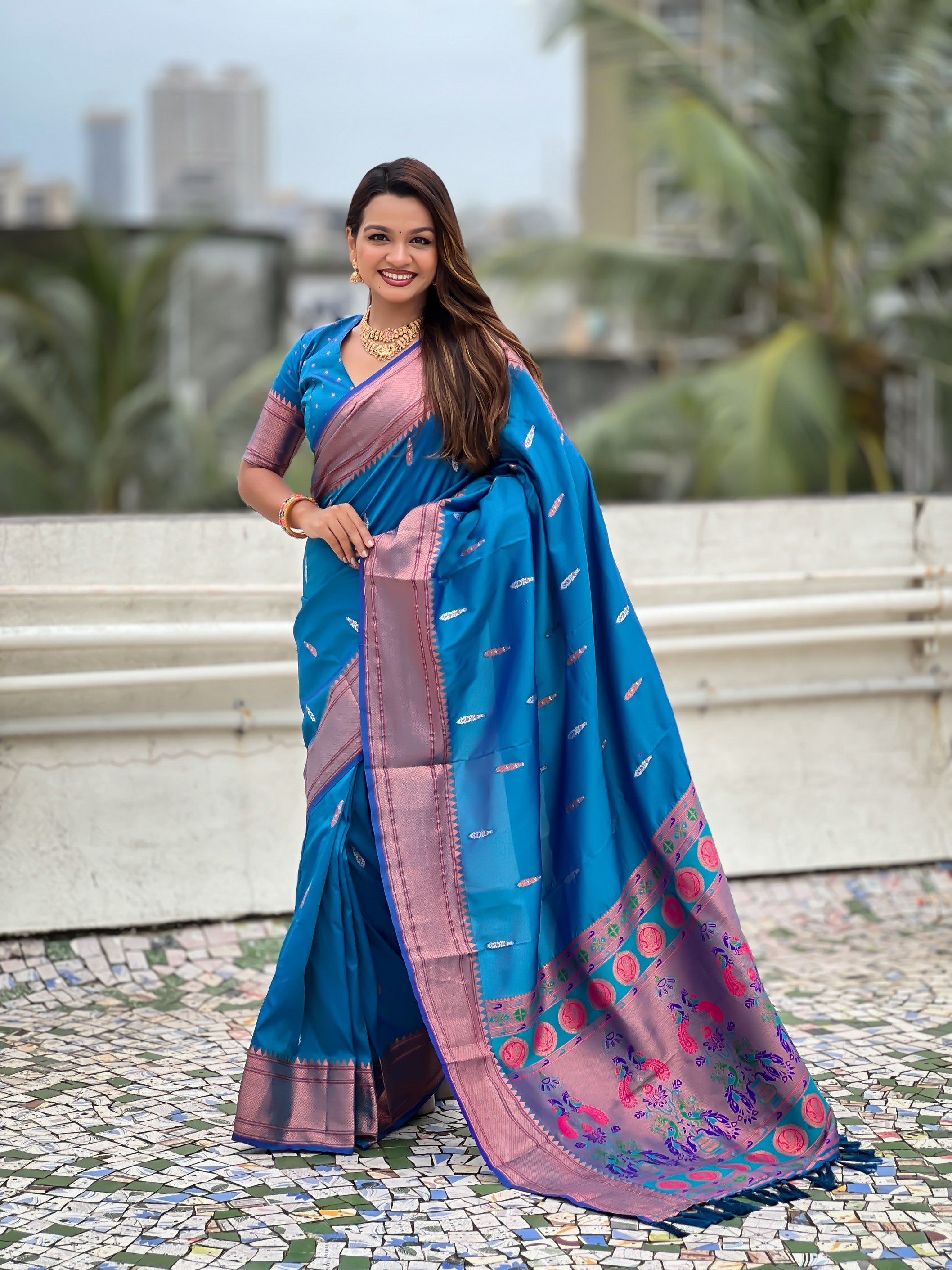 Sky Blue Soft Silk Woven Meenakari Designer Rich Looks Saree