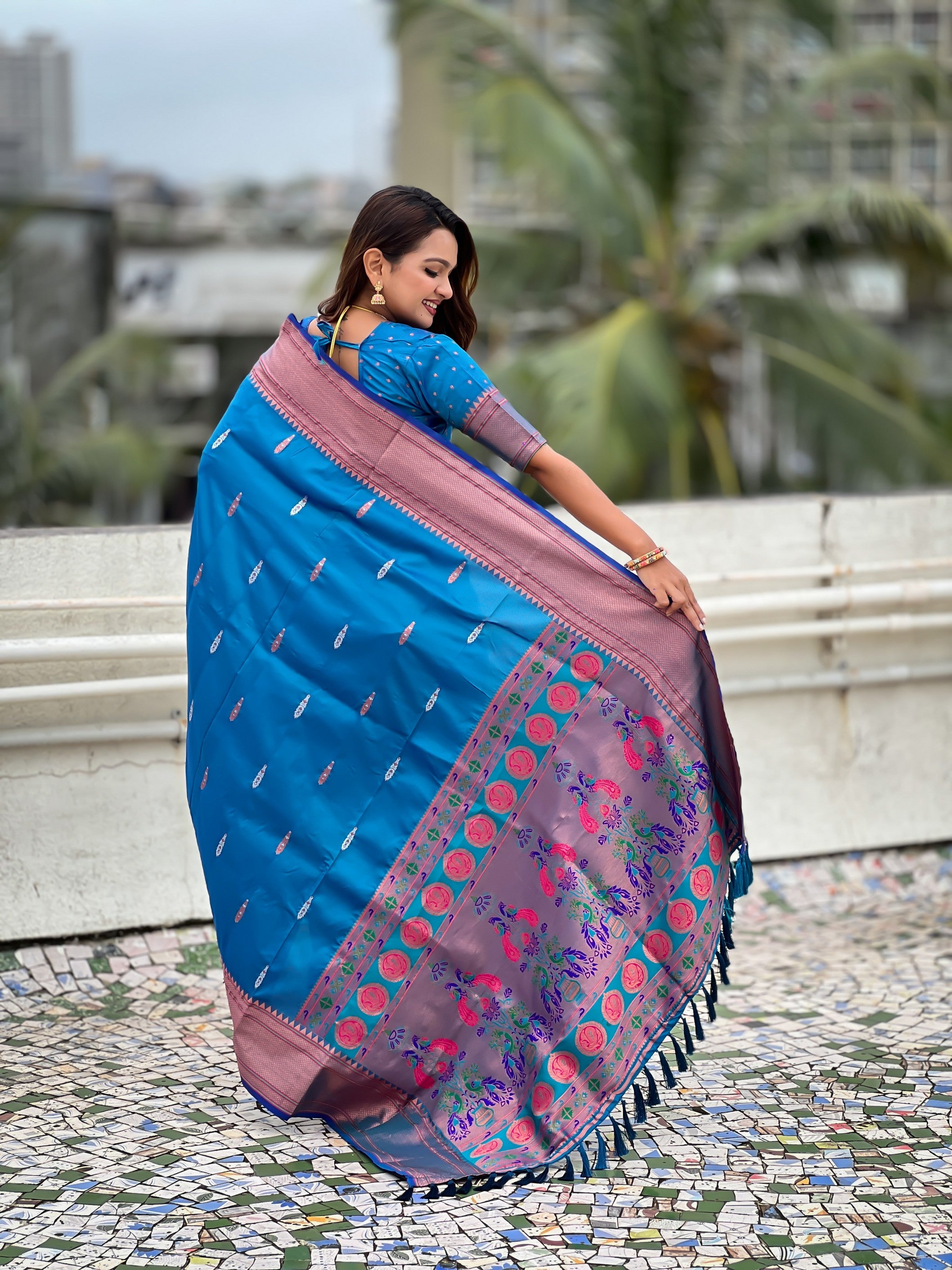 Sky Blue Soft Silk Woven Meenakari Designer Rich Looks Saree