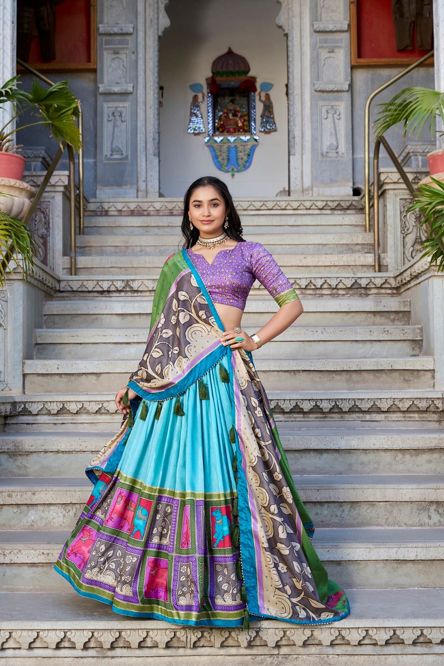 Sky Blue Tussar Silk Lehenga with Kalamkari Print and Elegant Foil Work Accents