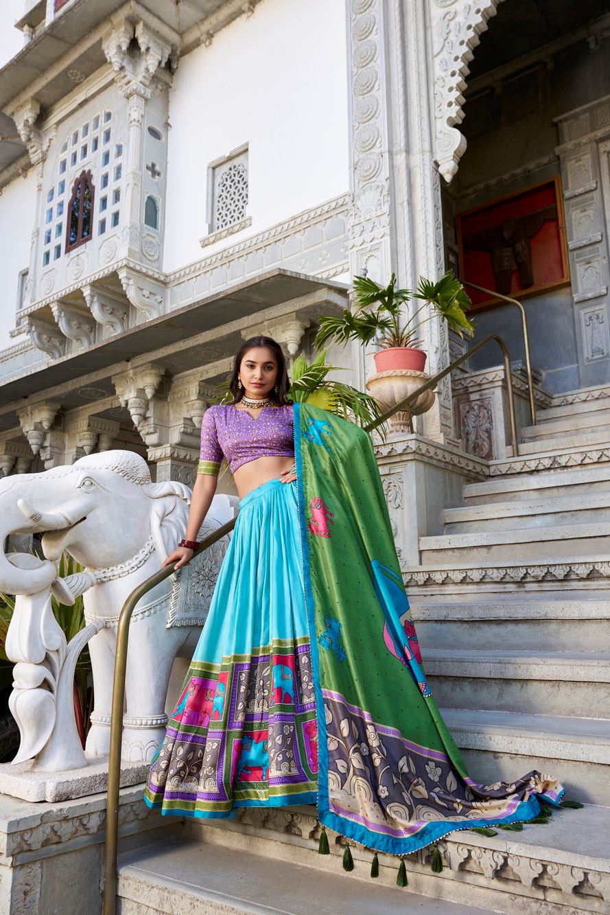 Sky Blue Tussar Silk Lehenga with Kalamkari Print and Elegant Foil Work Accents