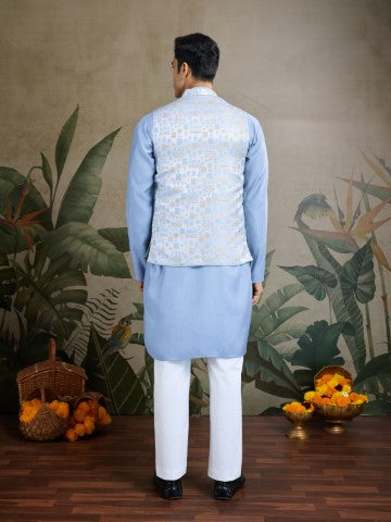 Sky Blue Viscose Silk Ceremonial Kurta with Jacket