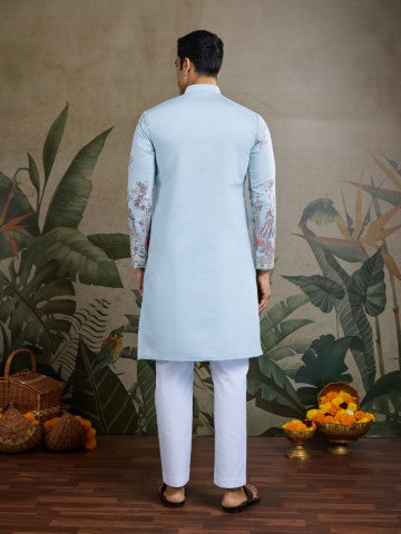 Sky Blue Viscose Silk Sequins Embroidery Ethnic Partywear Kurta