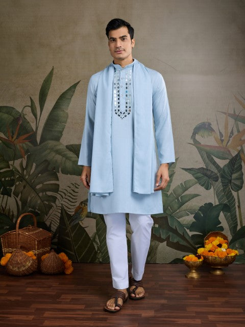 Sky Blue Viscose Silk Woven & Mirror Embroidery Kurta with Dupatta