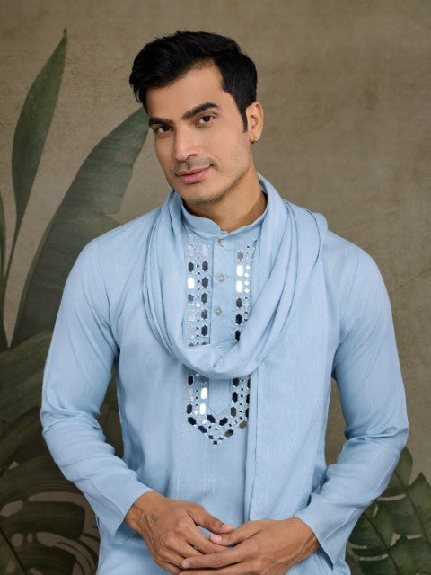 Sky Blue Viscose Silk Woven & Mirror Embroidery Kurta with Dupatta