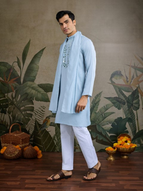Sky Blue Viscose Silk Woven & Mirror Embroidery Kurta with Dupatta