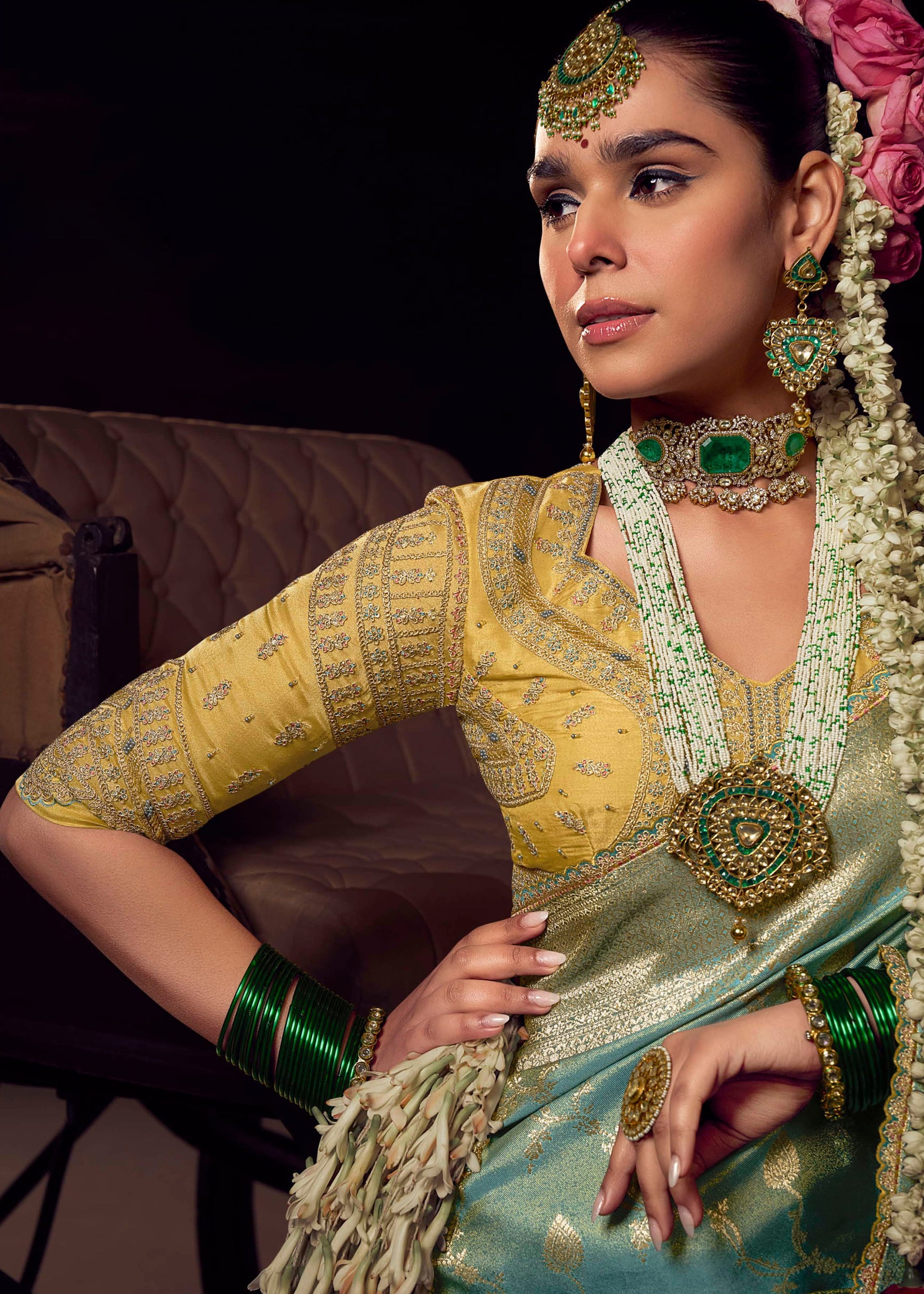 Sky Blue Viscose Tissue Saree with Hand Work and Embroidered Blouse