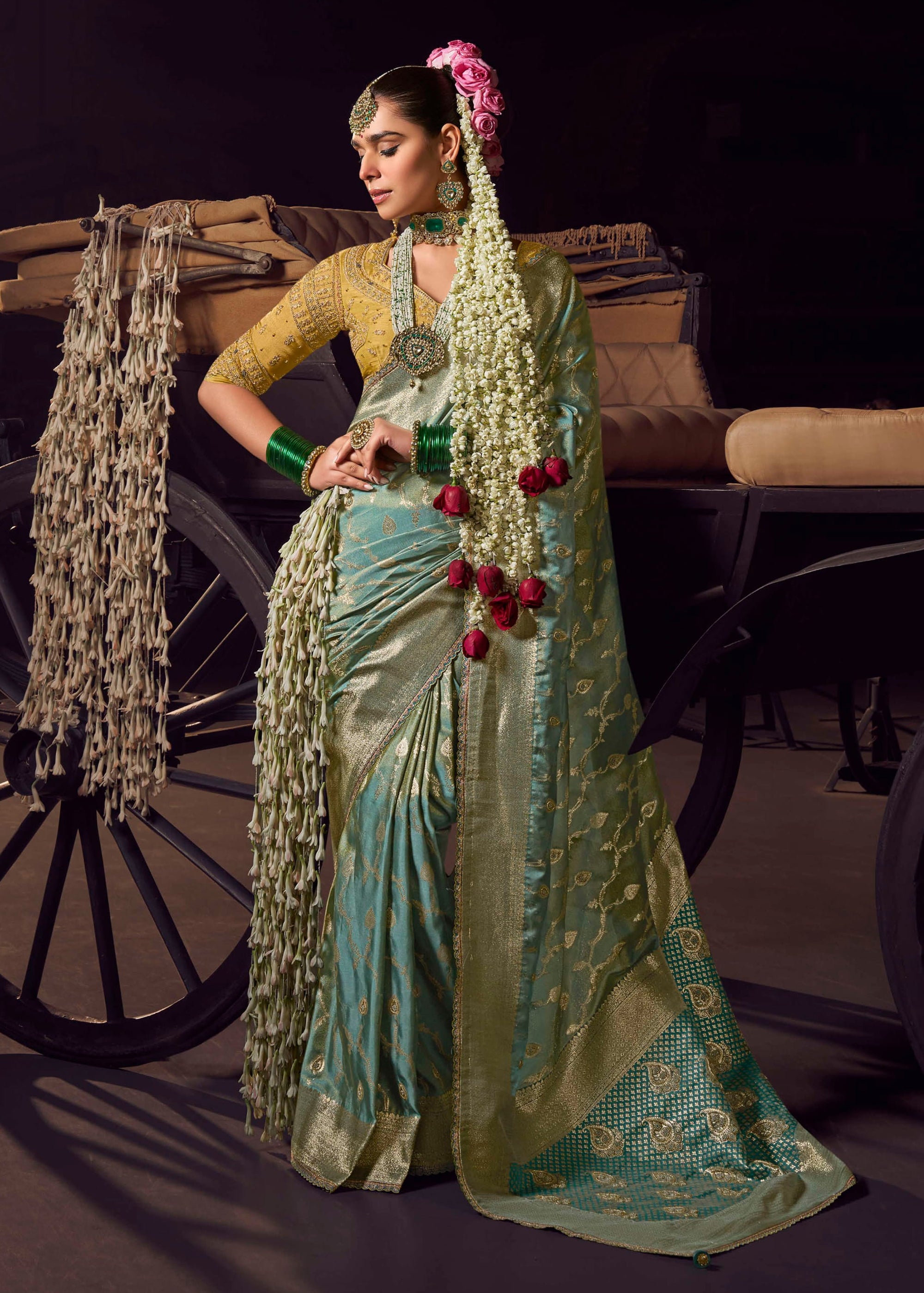 Sky Blue Viscose Tissue Saree with Hand Work and Embroidered Blouse