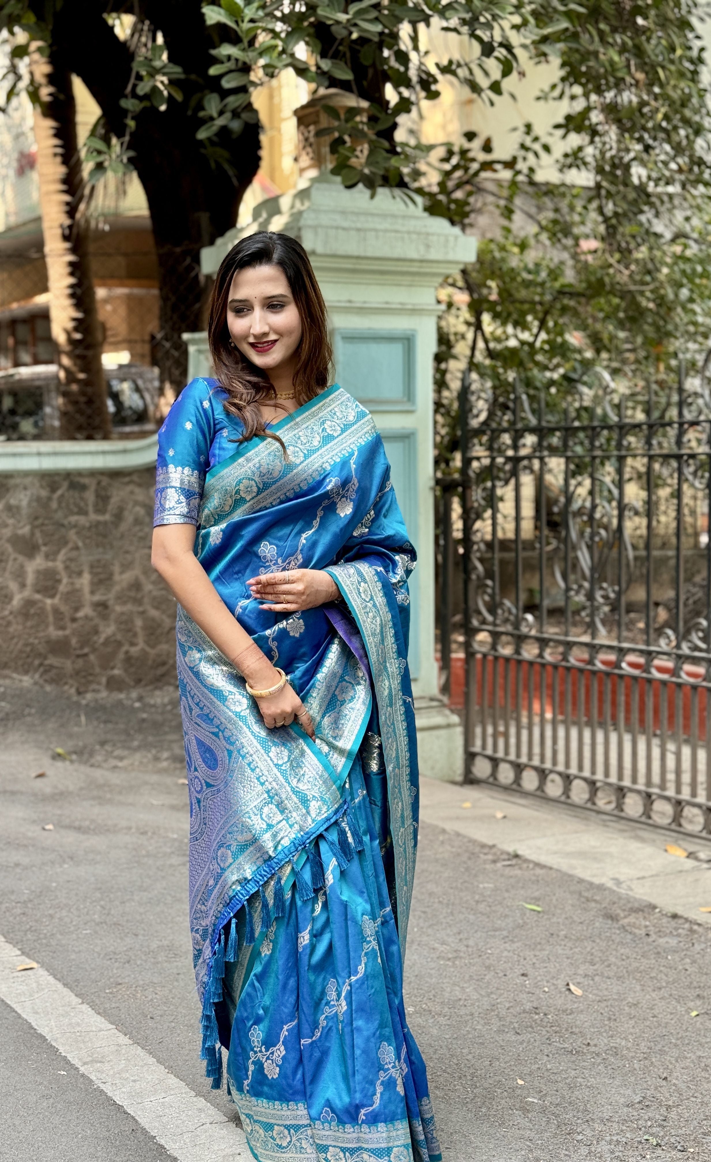 Sky Blue Woven Jacquard Jari Designer Banarasi Silk Festive Ceremonial Saree