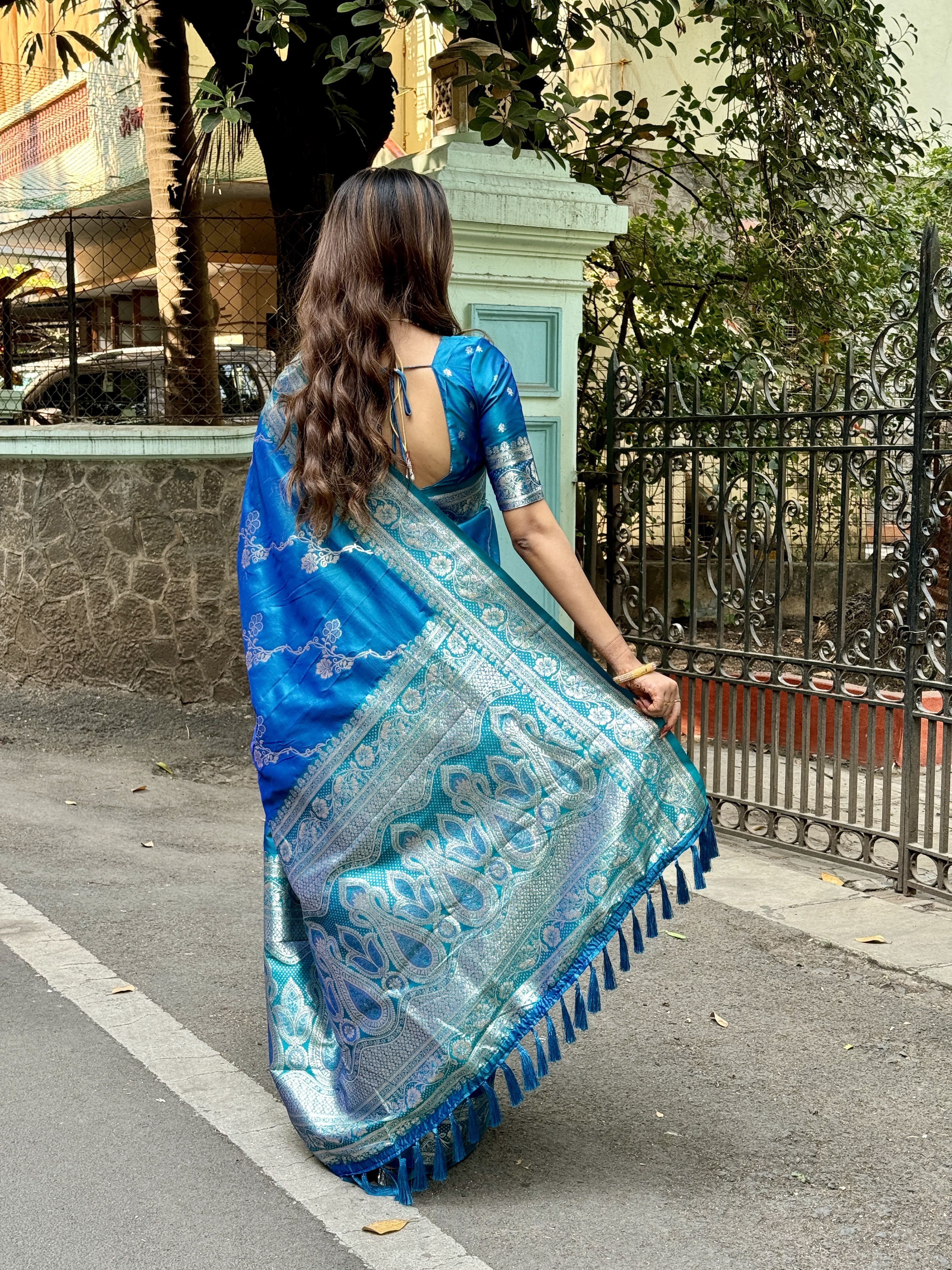 Sky Blue Woven Jacquard Jari Designer Banarasi Silk Festive Ceremonial Saree