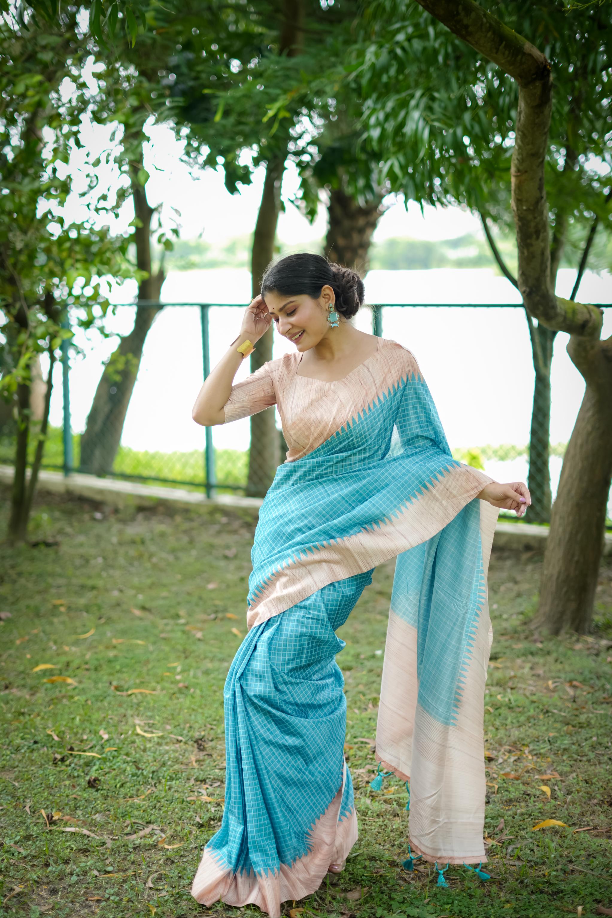 Sky Blue Woven Kantha Designer Tussar Silk Saree With Printed Design