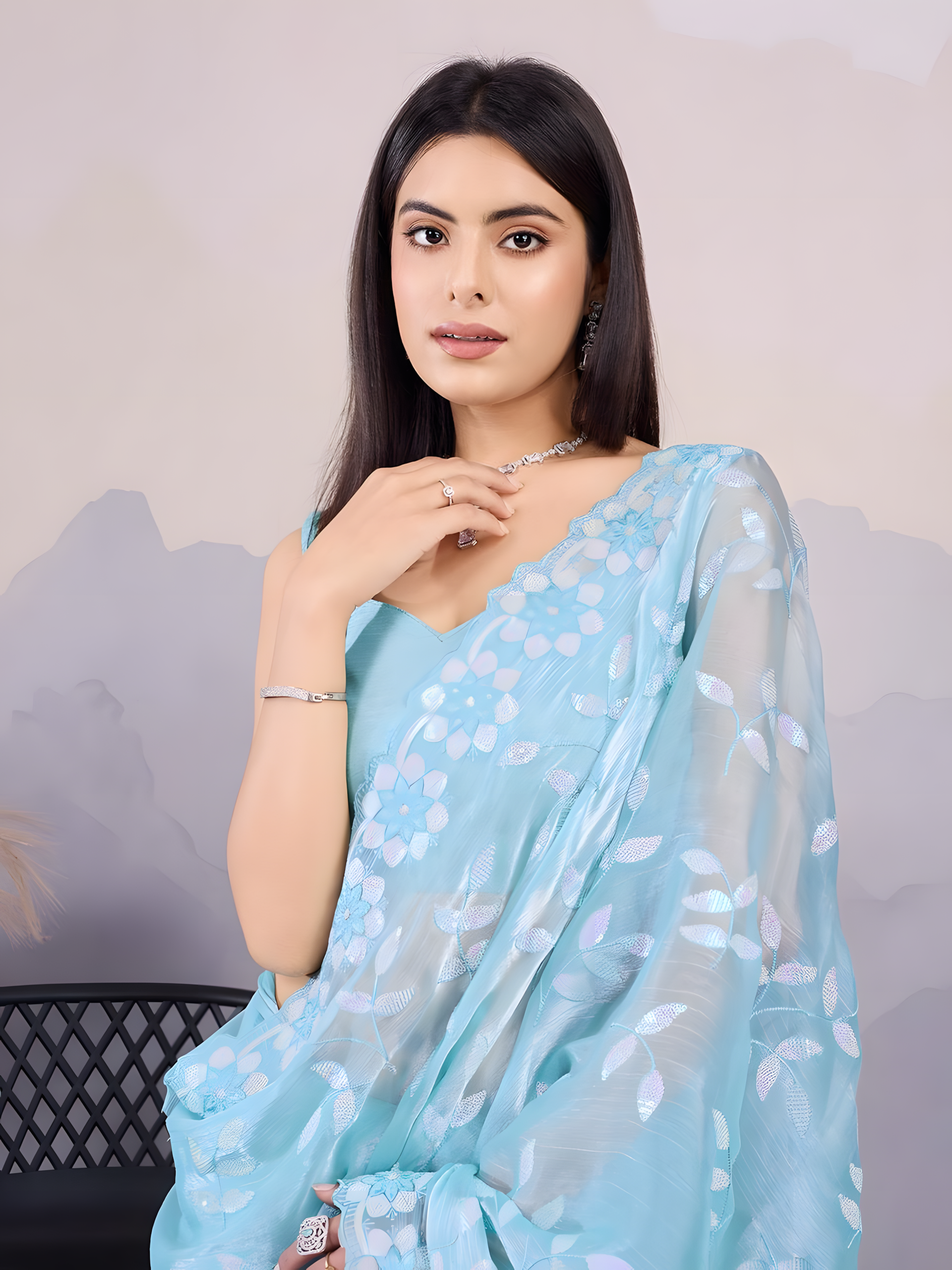 Sky Burberry Silk  Saree with C  Pallu Embroidery with sequins Work