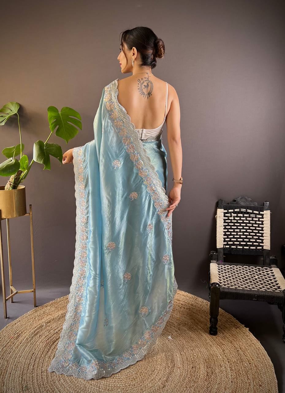 Sky Colour Gold Crush Embroidery Work Saree