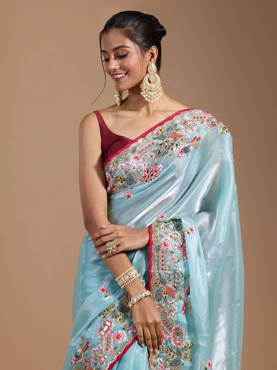 Sky Colour Organza Silk Heavy Work Saree
