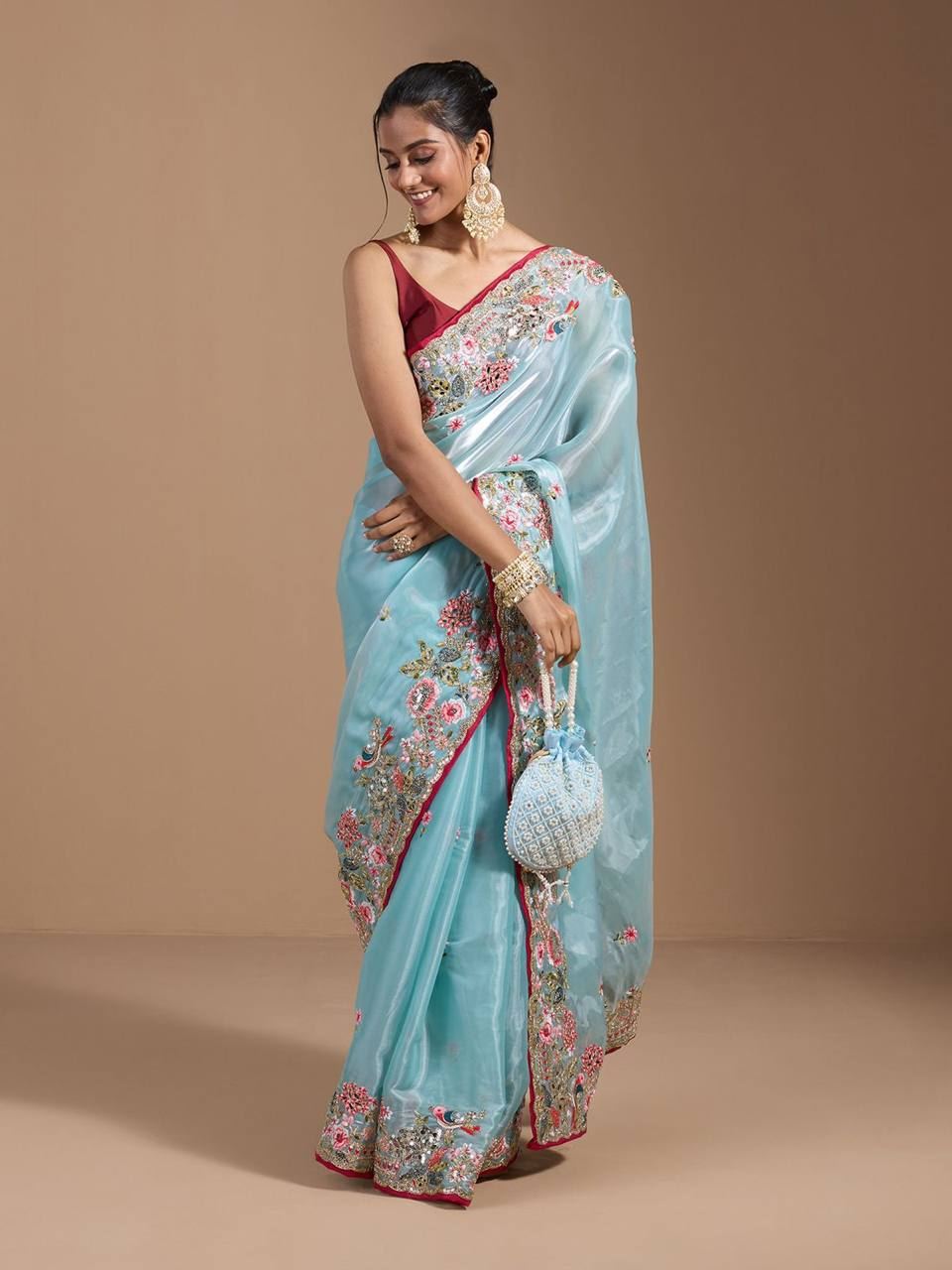 Sky Colour Organza Silk Heavy Work Saree