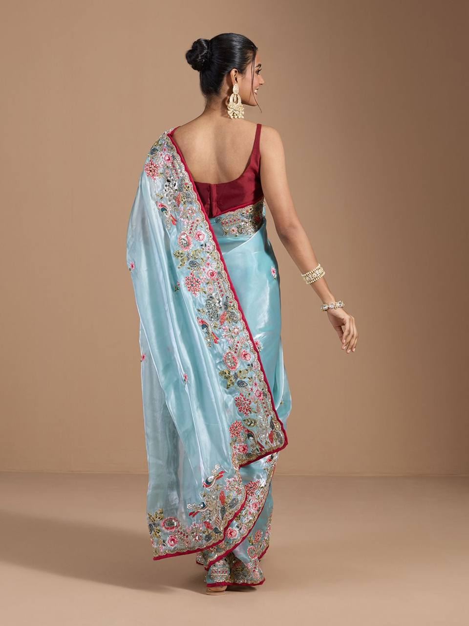 Sky Colour Organza Silk Heavy Work Saree