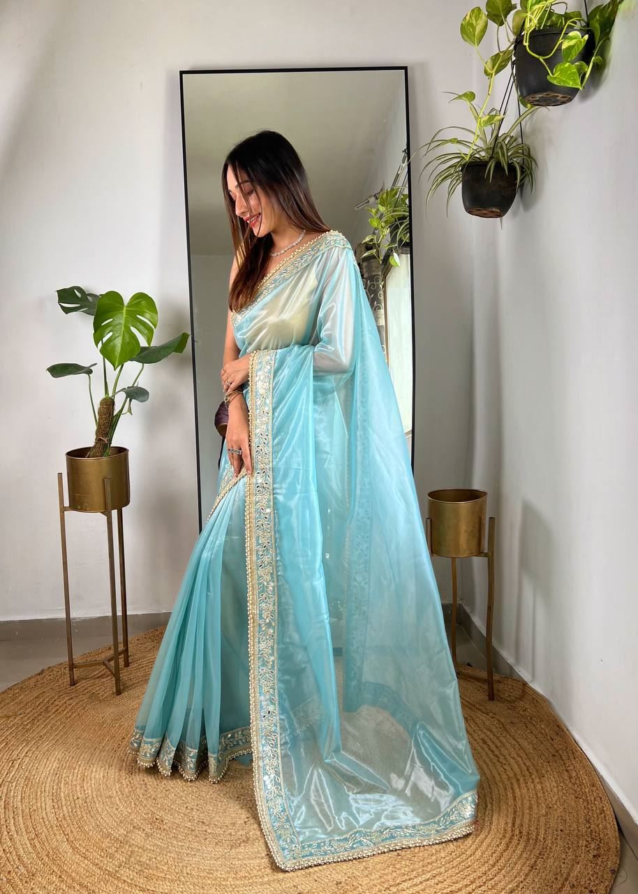 Sky Colour Silver Tissue Silk Embroidery And Mirror Work Saree