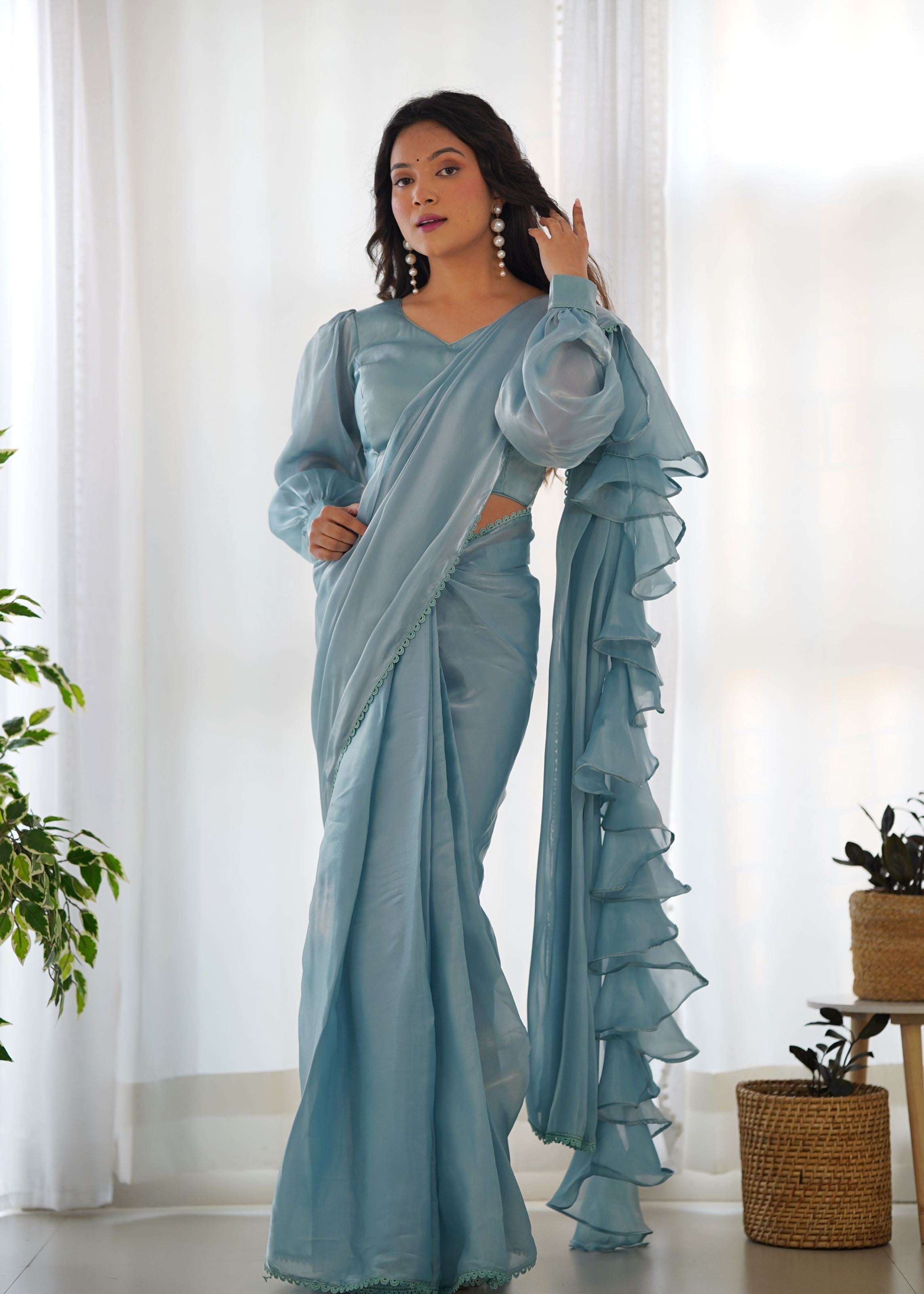 Sky Colour Zimichhu Silk Fully Stitched Ready To Wear Saree
