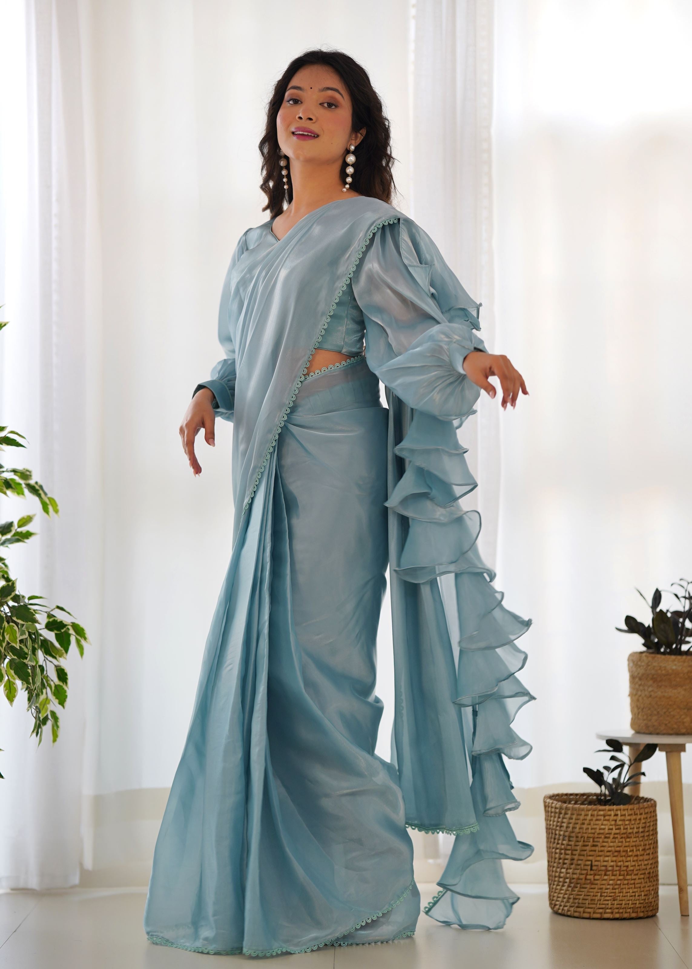 Sky Colour Zimichhu Silk Fully Stitched Ready To Wear Saree