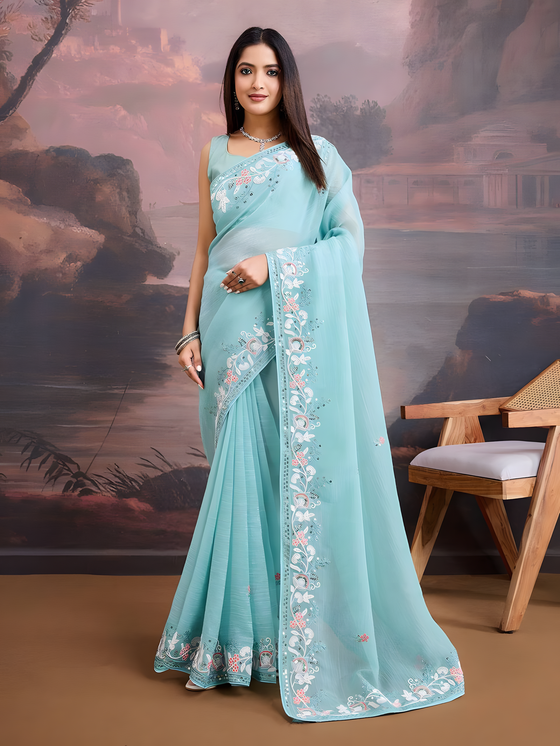 Sky Curnchy Soft Organza Saree with C Pallu Embroidery work border