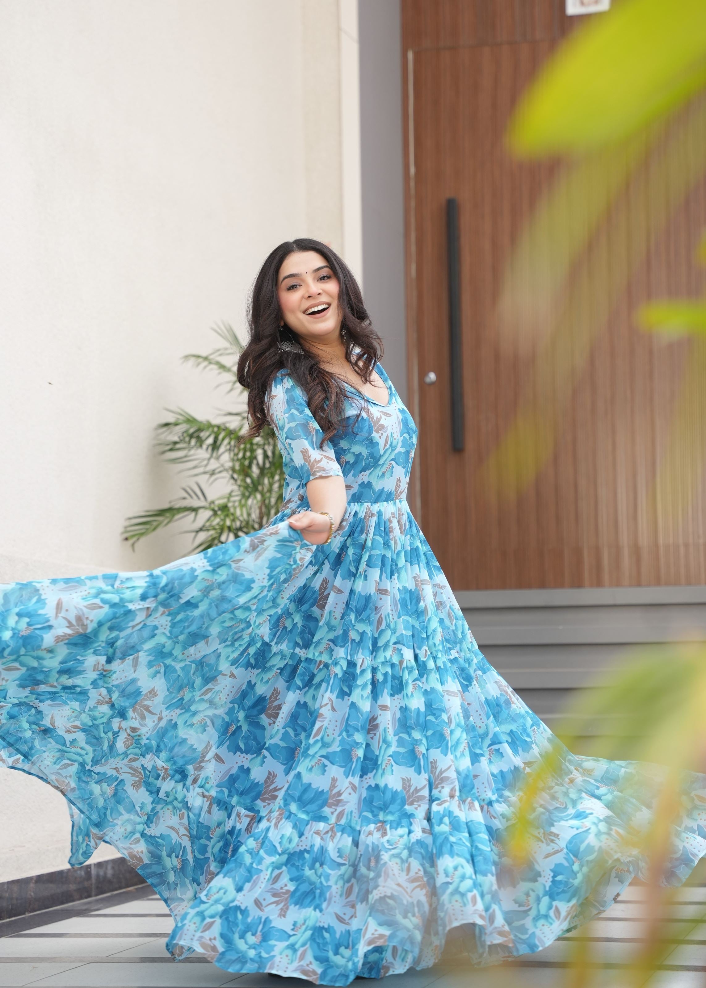 Sky Faux Georgette Gown With Printed