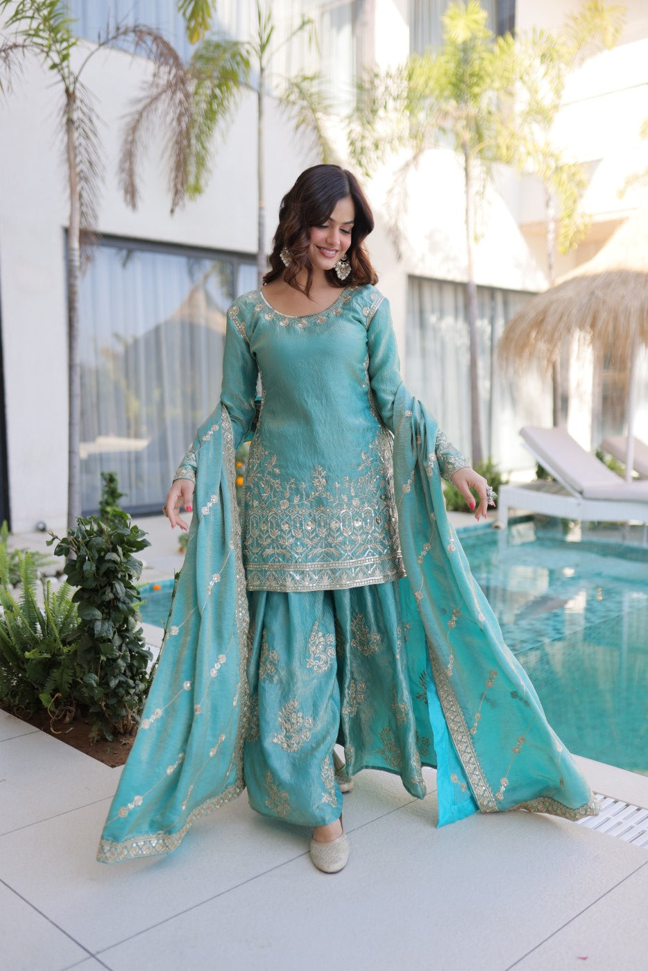 Sky Fendi Crush Designer Suit Set With Zari & Sequin Embroidery