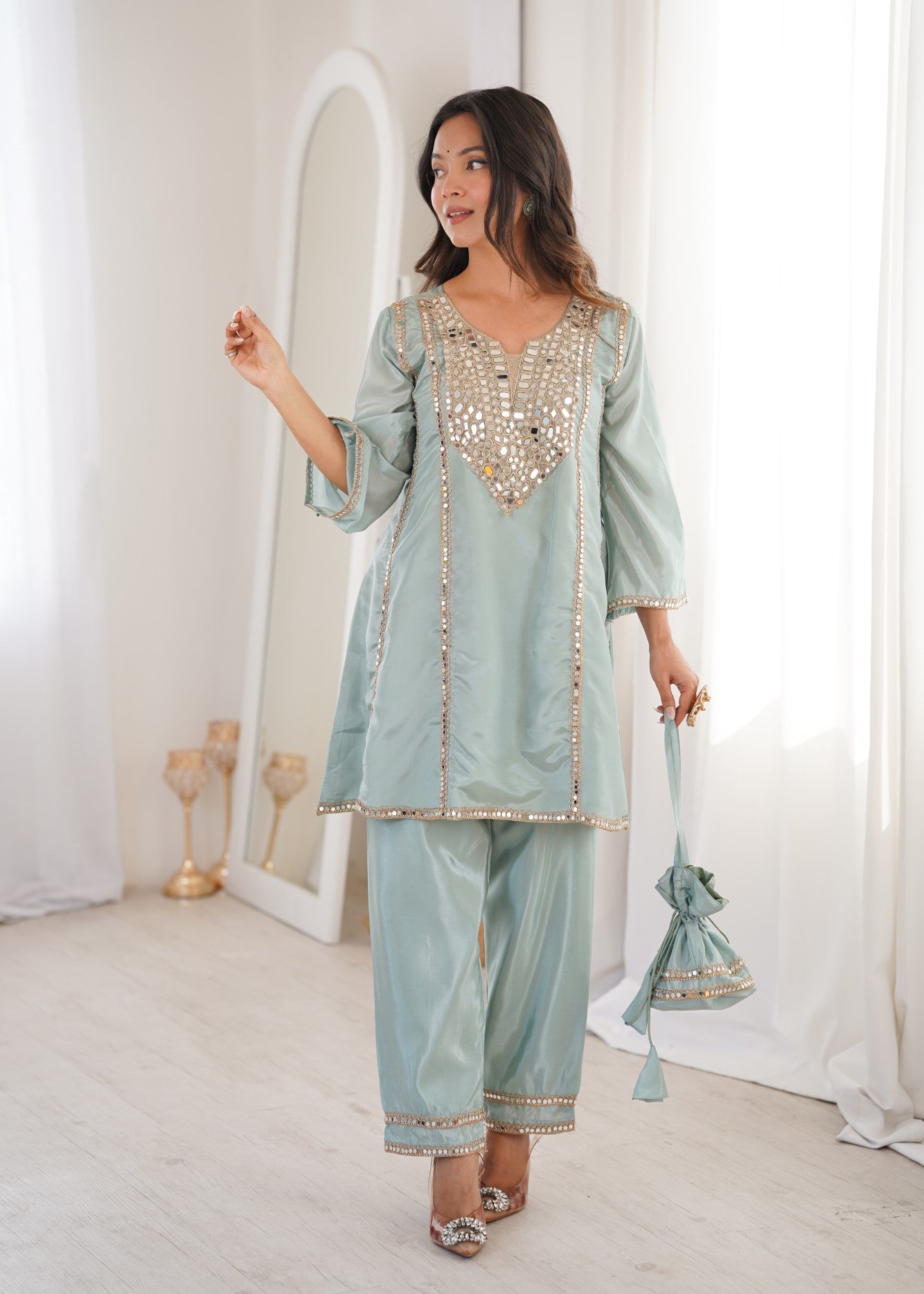 Sky H O Silk Designer Suit Set With Heavy Mirror Lace Work