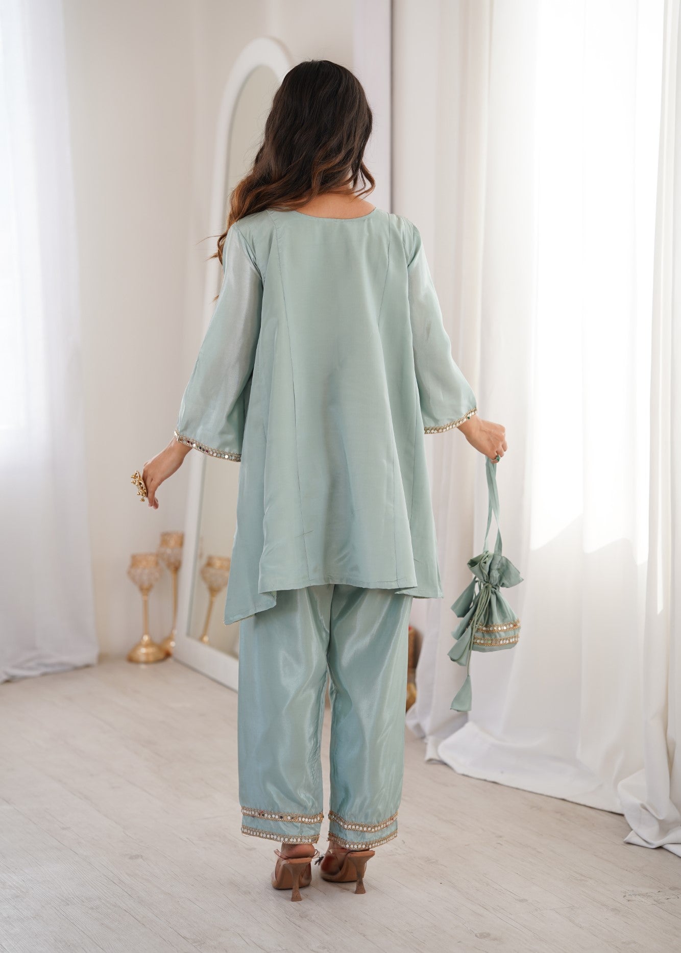 Sky H O Silk Designer Suit Set With Heavy Mirror Lace Work