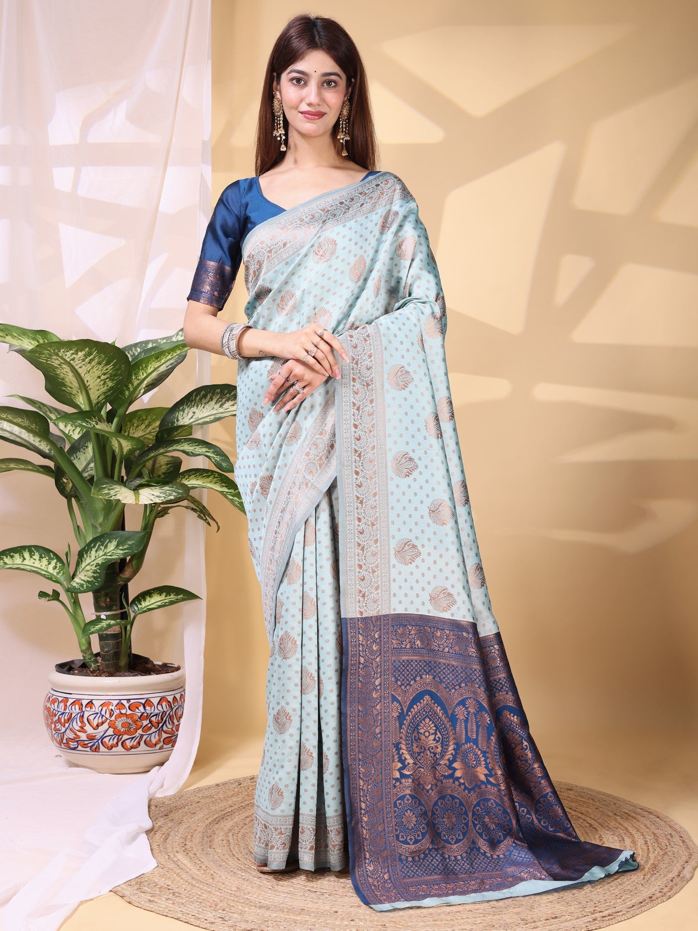 Sky Lichi Silk Saree With Traditional Weaving