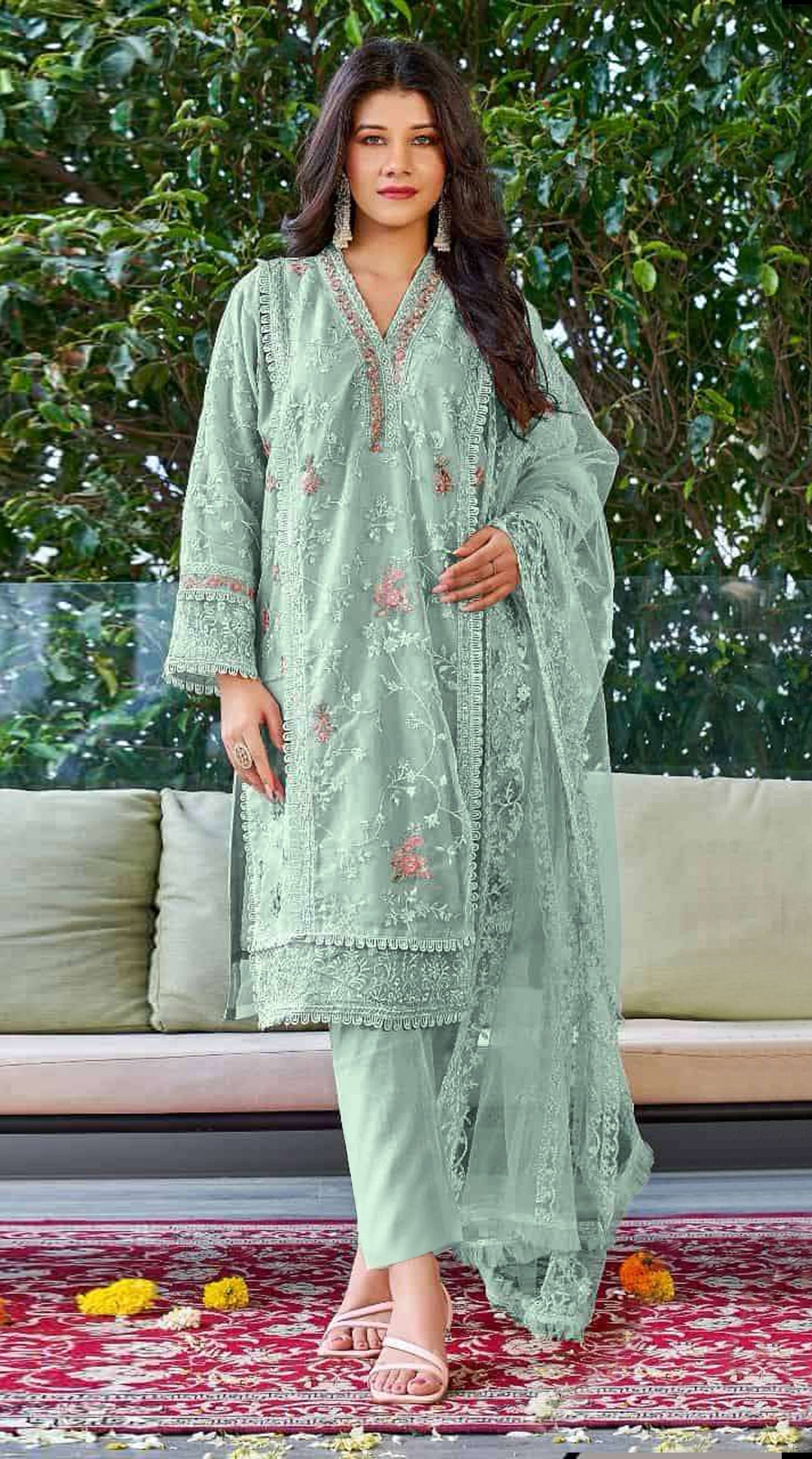 Sky Pakistani Salwar Suit With Heavy Embroidery Work