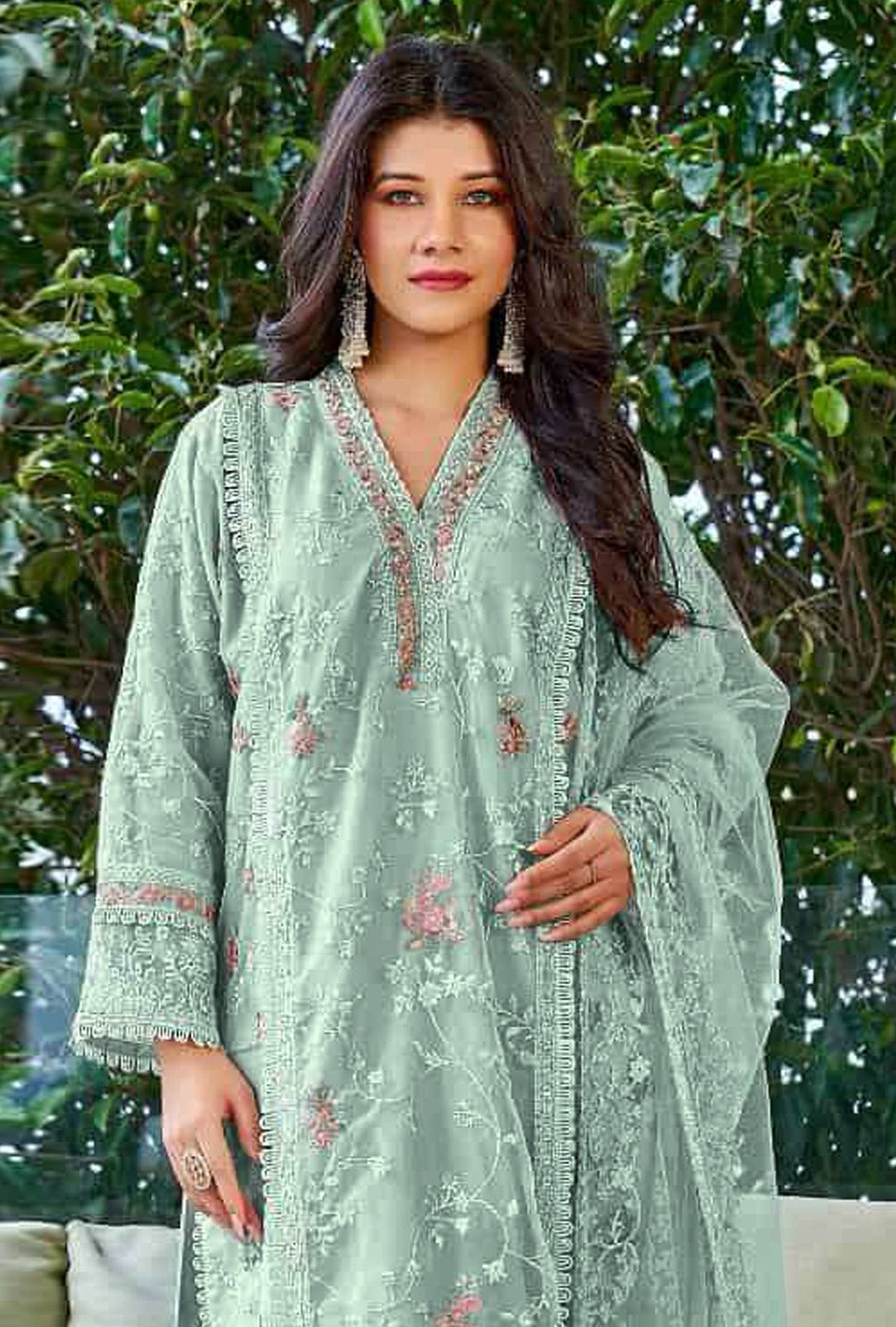 Sky Pakistani Salwar Suit With Heavy Embroidery Work