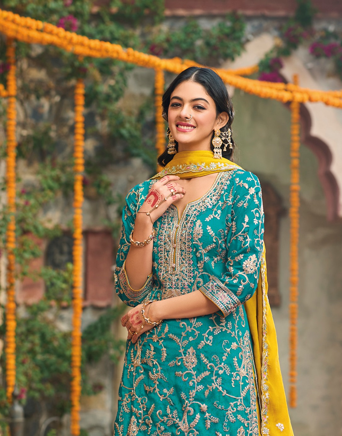 Sky Pakistani Salwar Suit With Heavy Embroidery Work