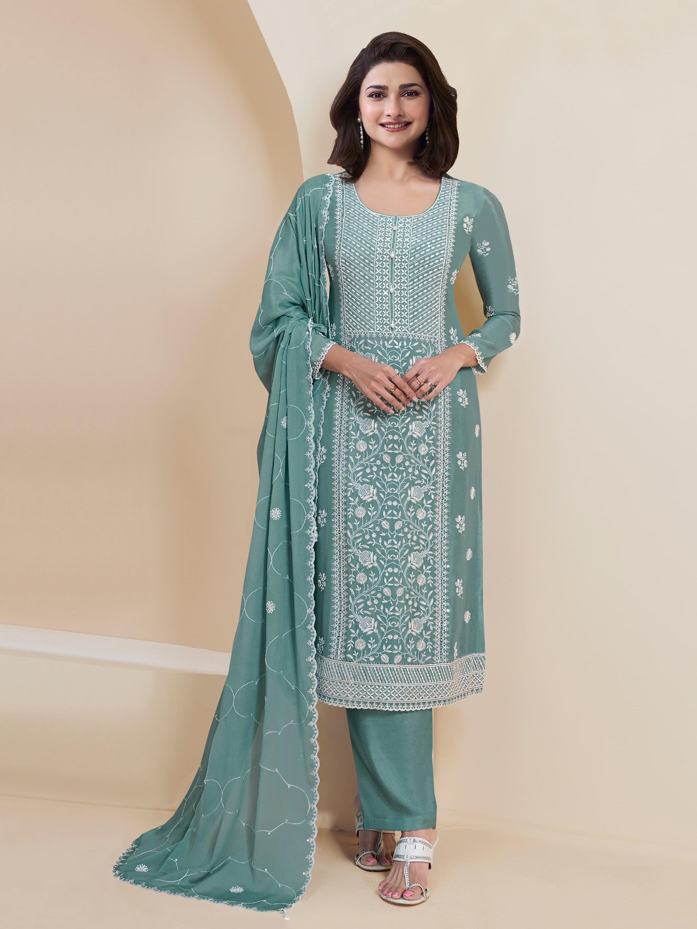 Sky Pakistani Salwar Suit With Heavy Embroidery Work