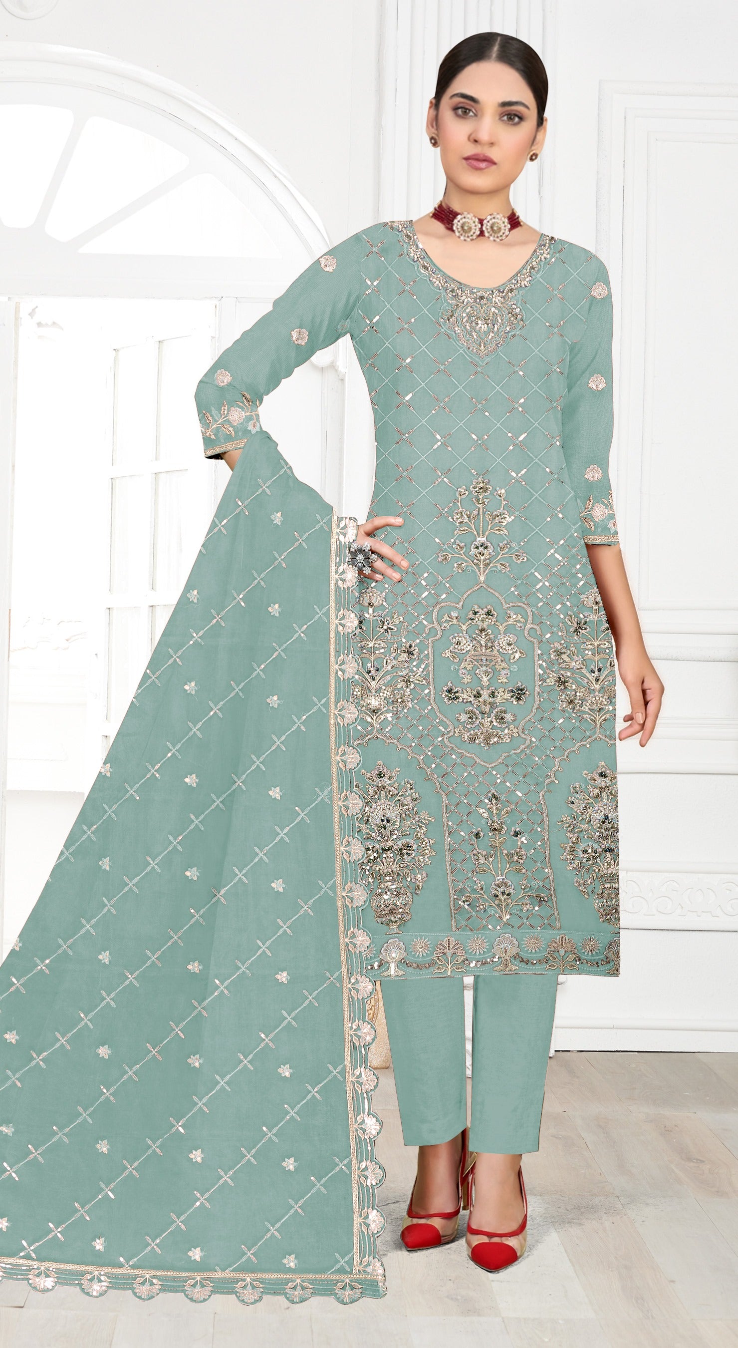 Sky Pakistani Salwar Suit With Heavy Embroidery Work