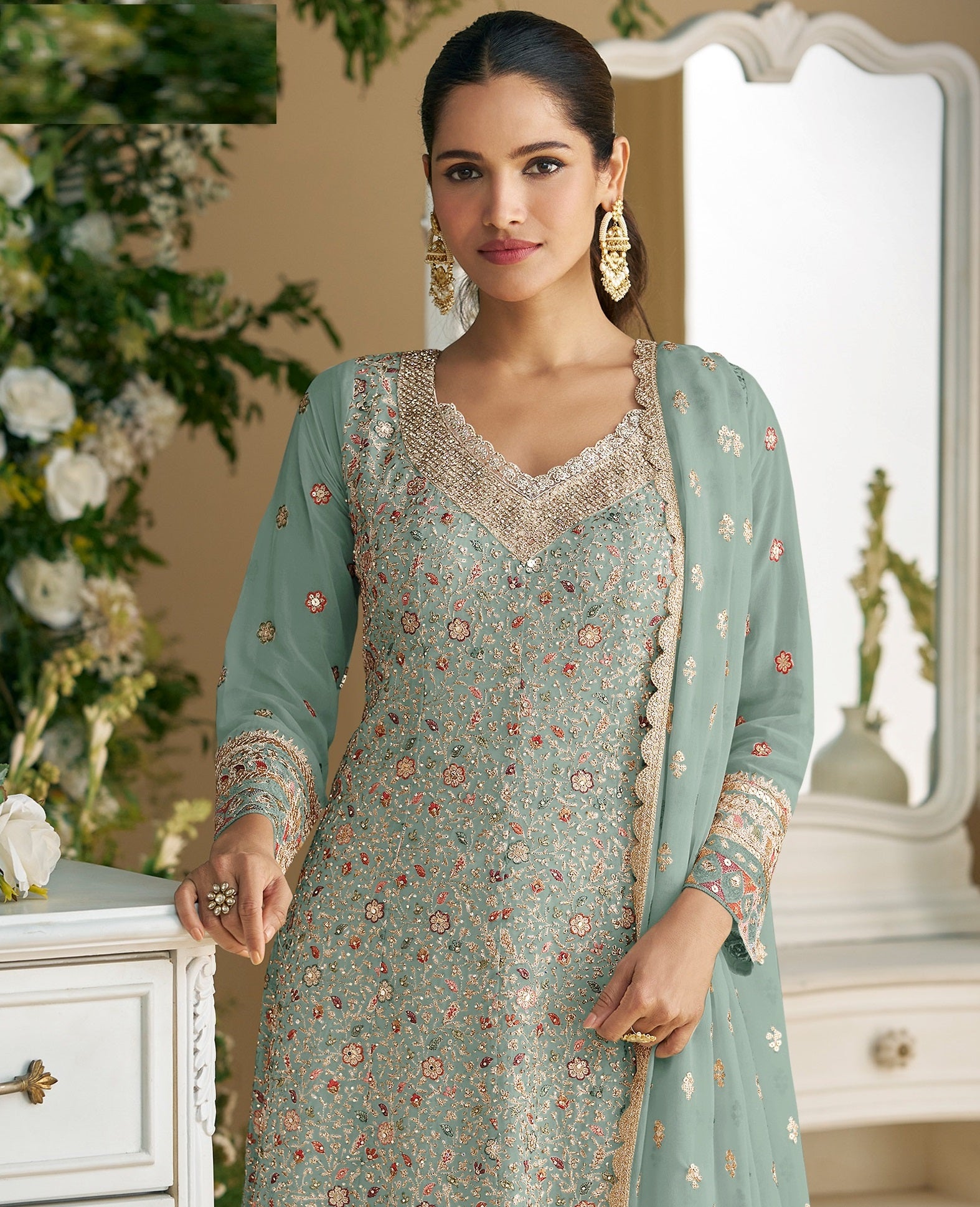 Sky Palazzo Style Salwar Suit With Heavy Embroidery Work