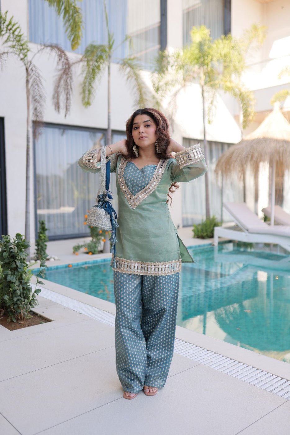 Sky Salasa Designer Suit Set With Jacquard Lace Embellishments
